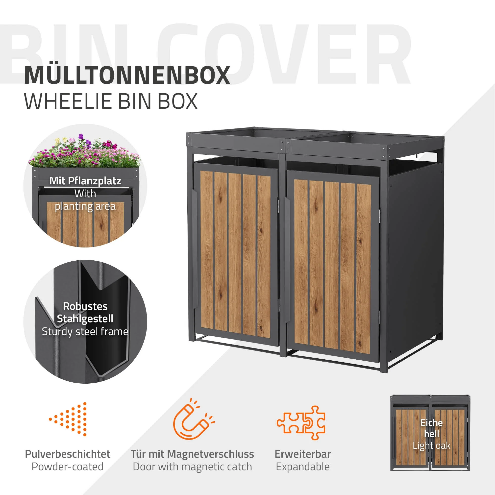 Mülltonnenbox mit Pflanzdach, 240L, Anthrazit-Holzoptik, aus Stahl pulverbeschichtet, wetterfest - Image 5