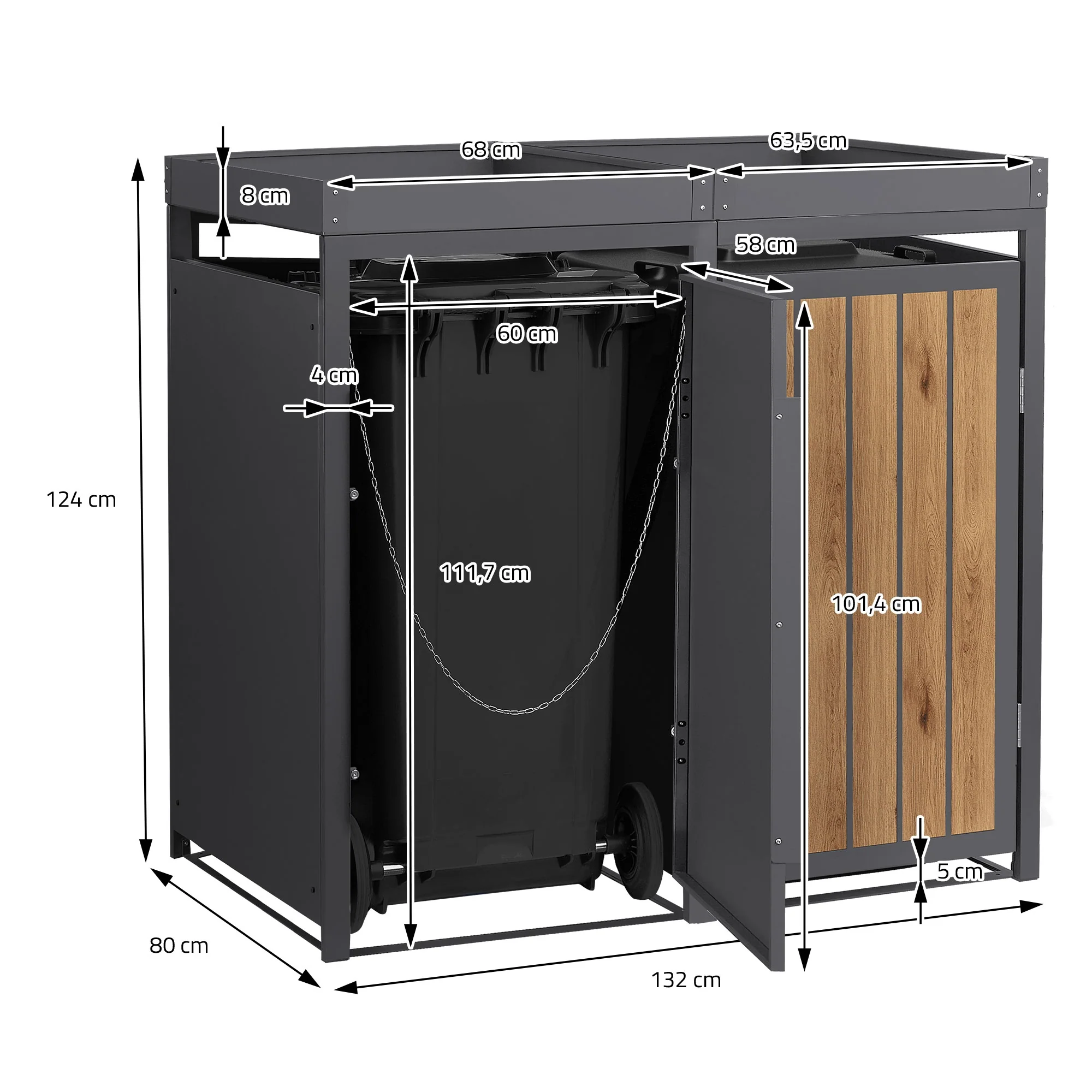 Mülltonnenbox mit Pflanzdach, 240L, Anthrazit-Holzoptik, aus Stahl pulverbeschichtet, wetterfest - Image 9