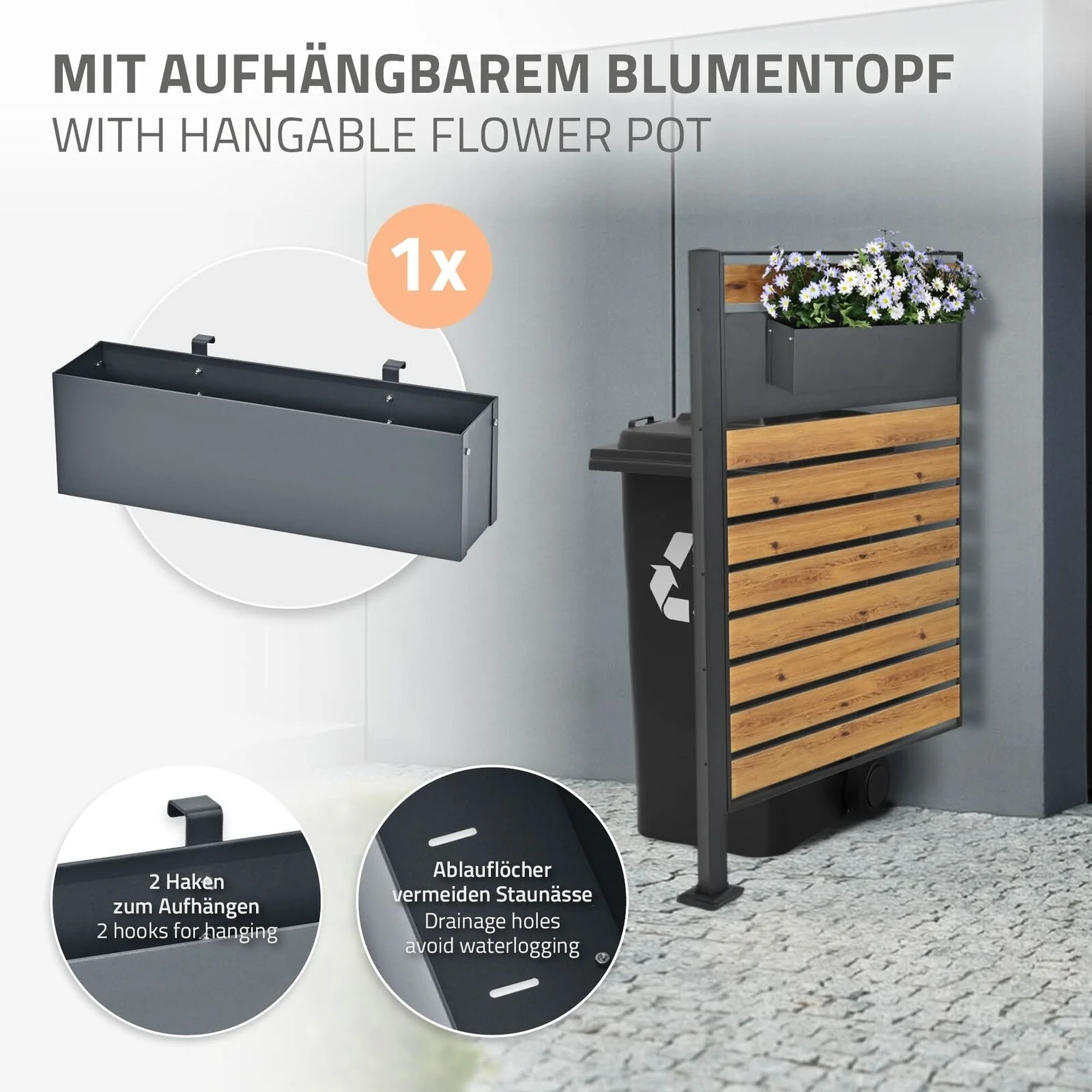 Mülltonnenzaun 150 cm lang Anthrazit/Holzoptik aus Stahl inkl. Blumenkasten - Image 5