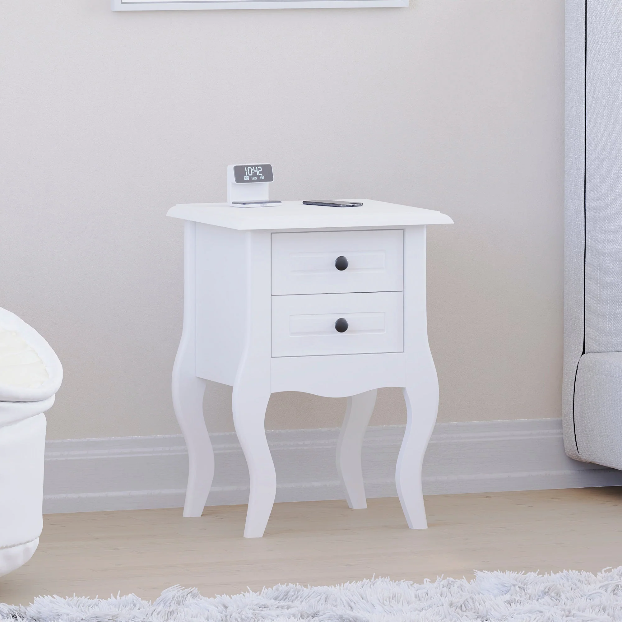Nishano Weiß Nachttischschrank mit 2 Schubladen – Shabby-Chic Schlafzimmermöbel