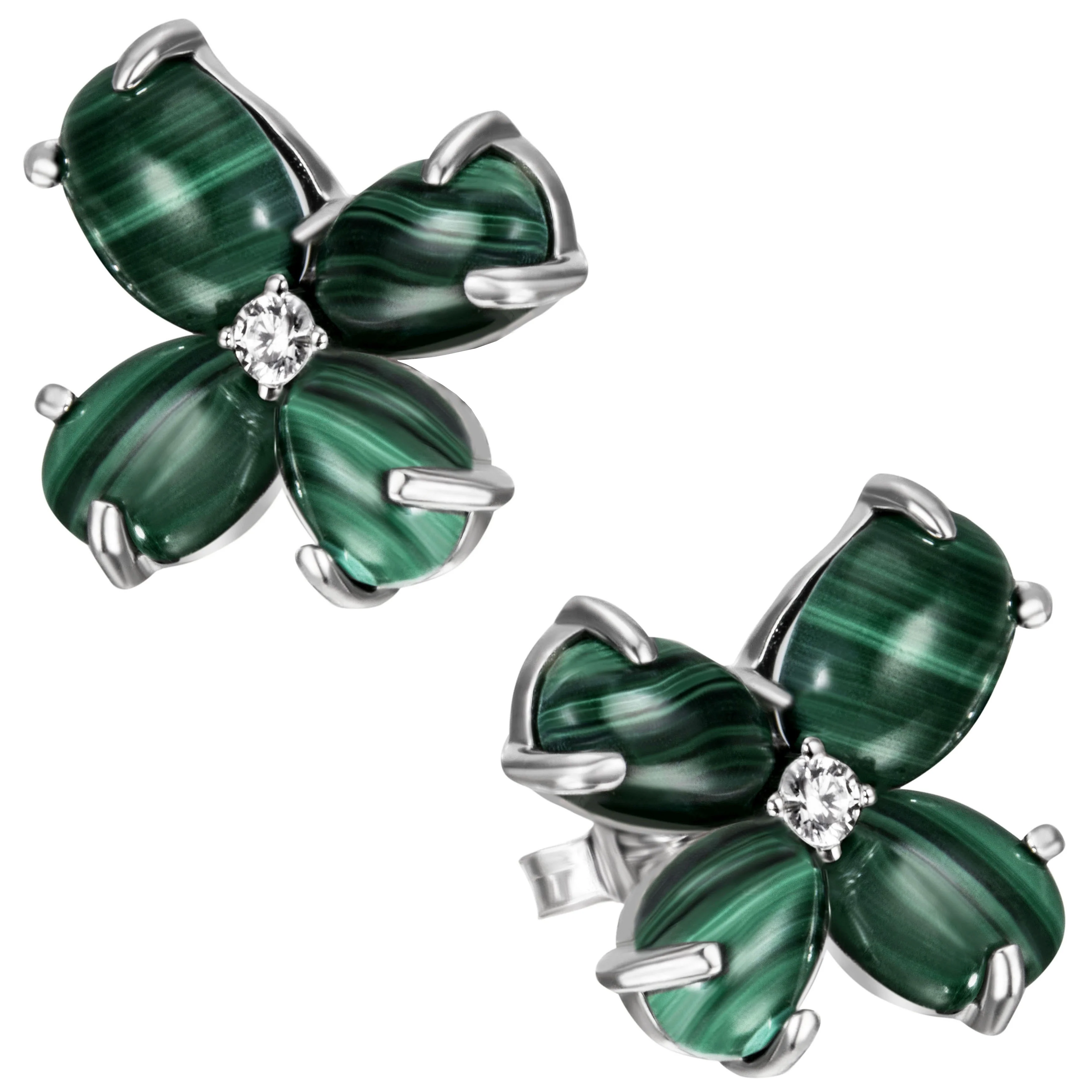 Ohrstecker Blume 925 Sterling Silber 8 Malachit-Cabochons 2 Zirkonia Ohrringe - Image 2