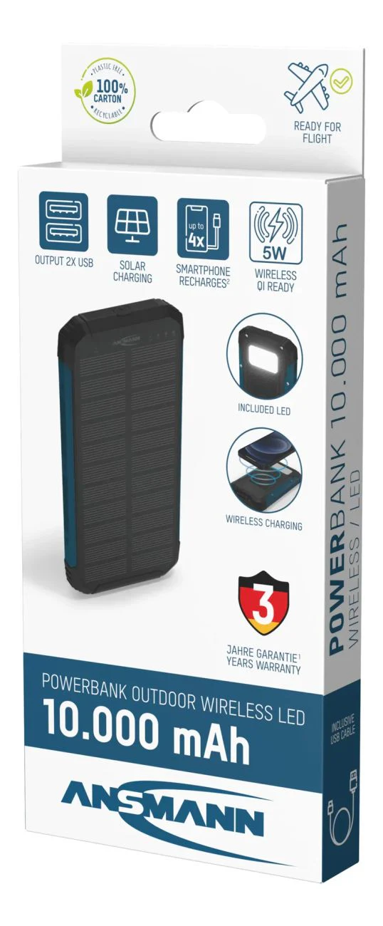 Outdoor Powerbank mit Solarpanel, Wireless Charging & LED-Lampe