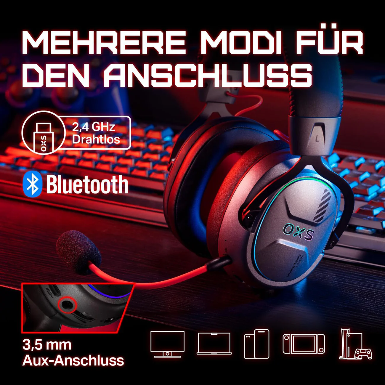 OXS Storm G2 Gaming-Headset, 7.1 Virtual Surround, RGB, BT, 2.4 GHz, AUX - Image 7