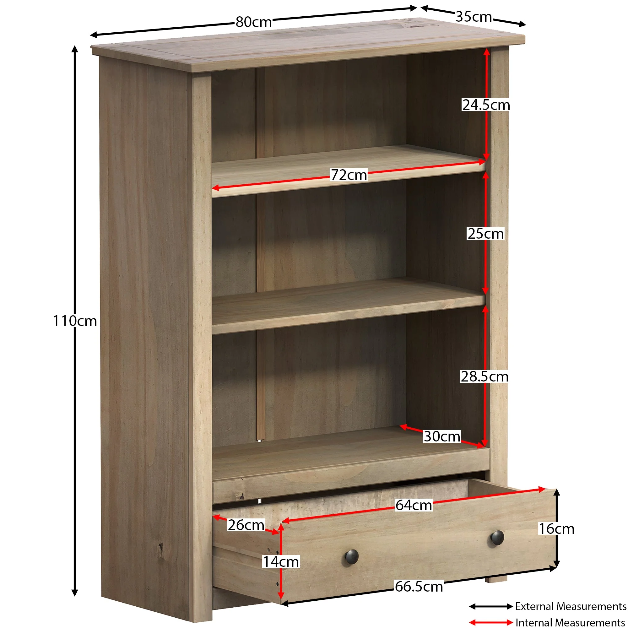Panama Bücherregal aus massivem Kiefernholz mit 1 Schublade – Aufbewahrung und Präsentation - Image 2