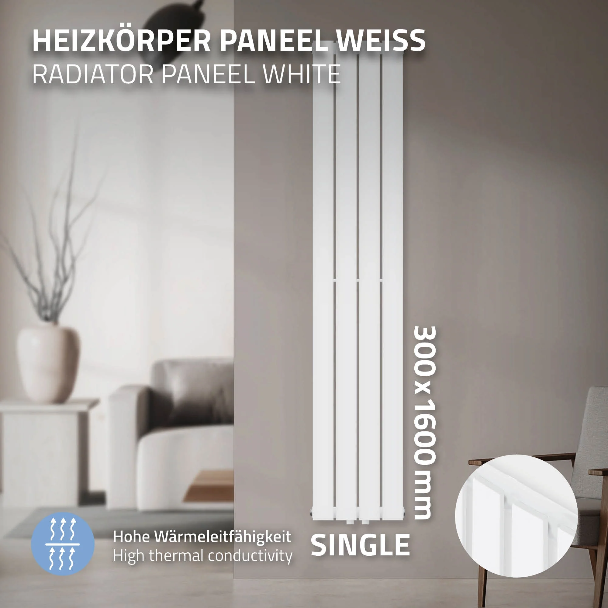 Paneelheizkörper Einlagig 1600x300 mm Weiß ML-Design - Image 2