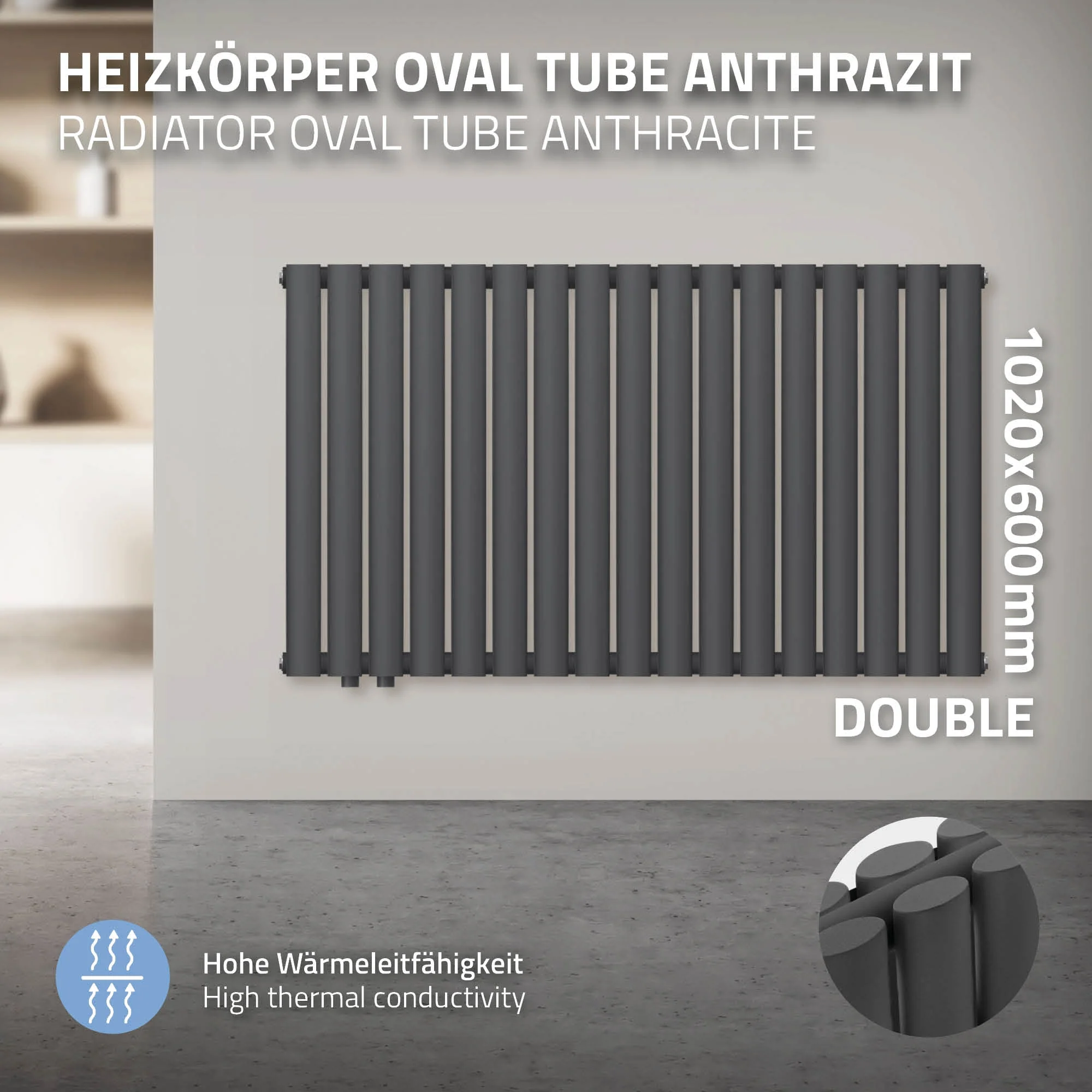 Paneelheizkörper horizontal 600x1020 mm Anthrazit mit Seitenanschluss LuxeBath - Image 2