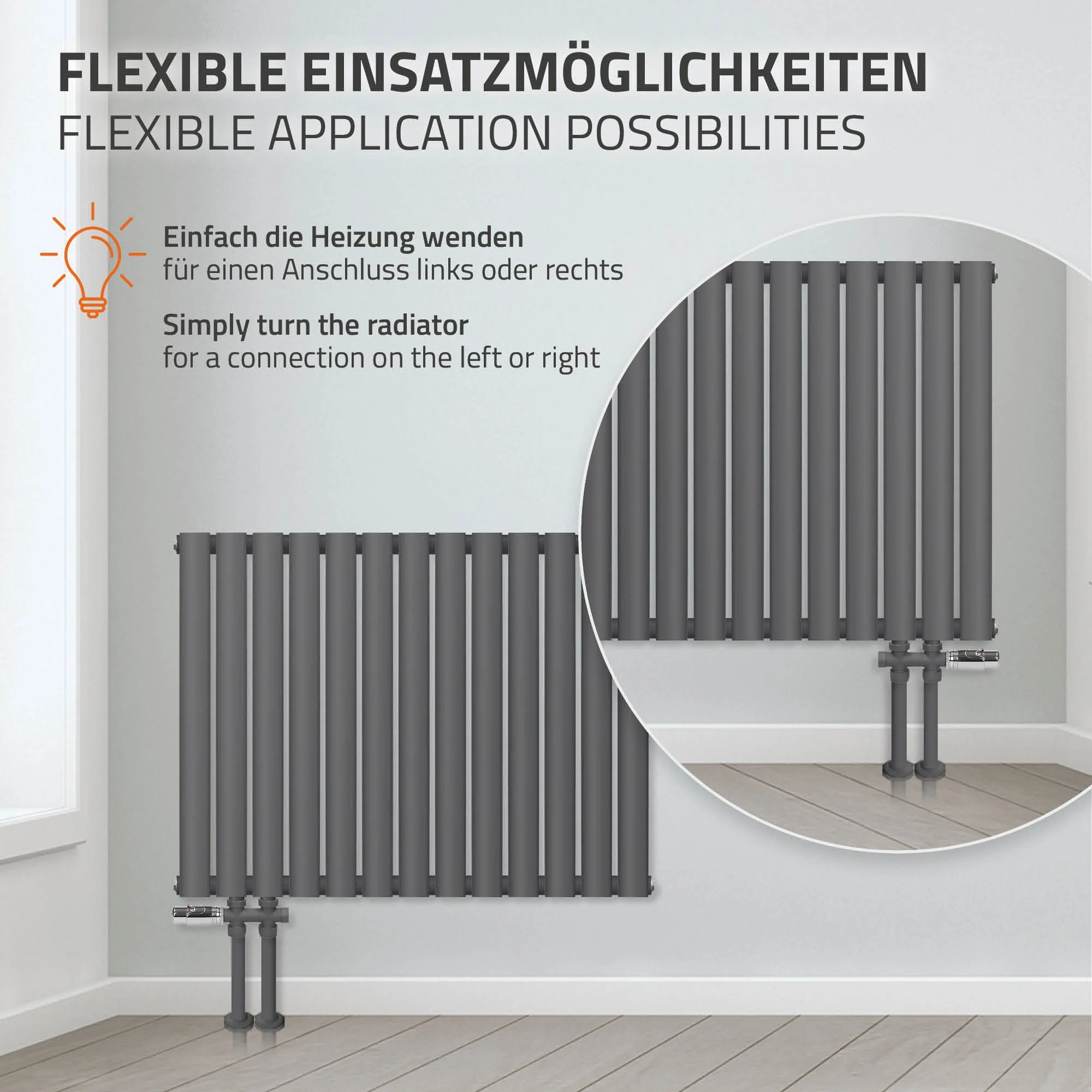 Paneelheizkörper horizontal 600x1020 mm Anthrazit mit Seitenanschluss LuxeBath - Image 4