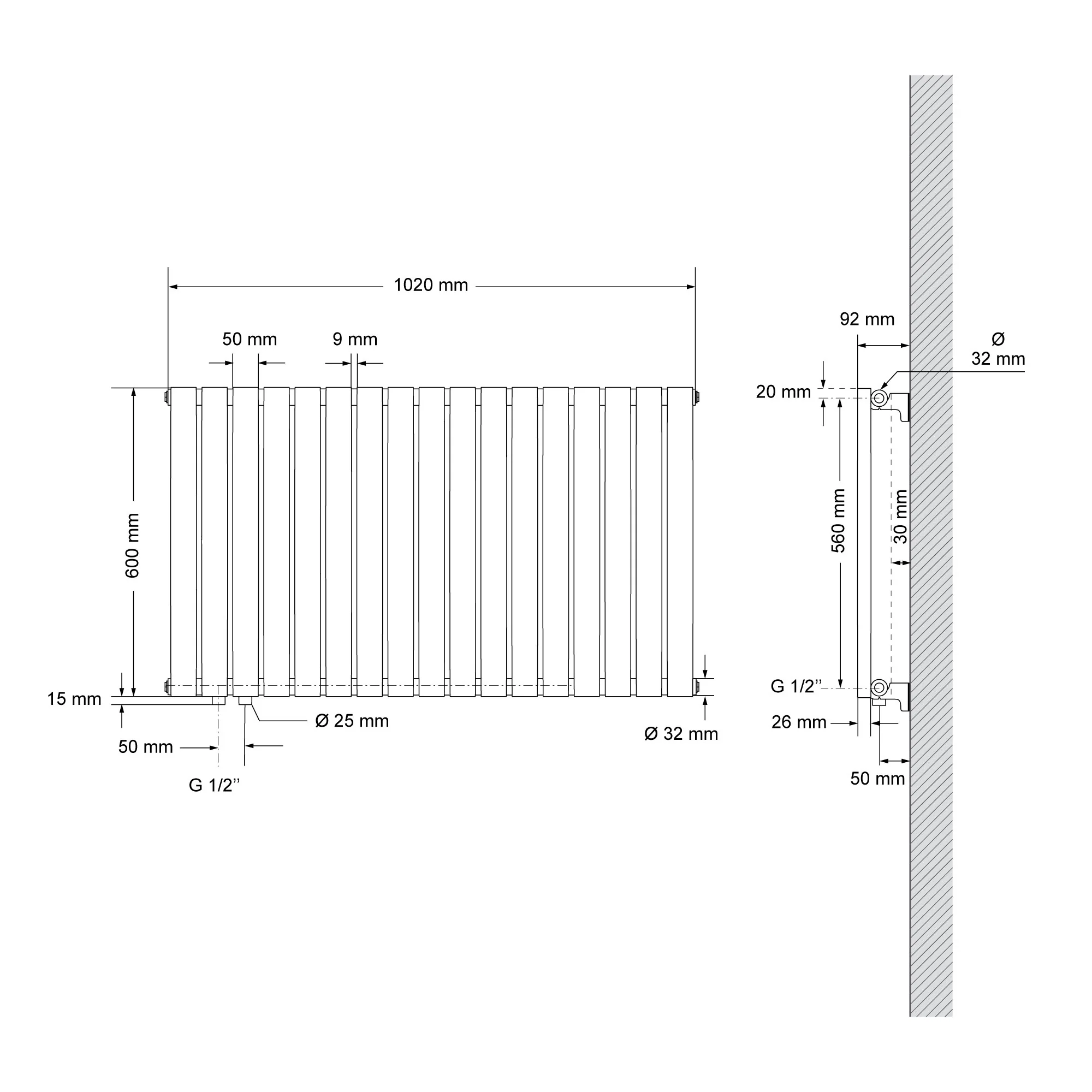 Paneelheizkörper horizontal 600x1020 mm Schwarz matt mit Seitenanschluss LuxeBath - Image 6