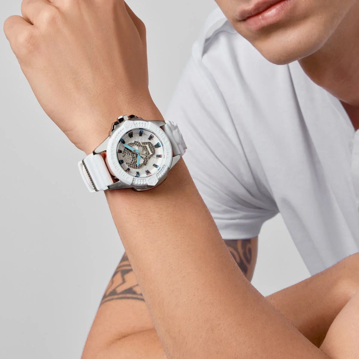 Philipp Plein Herren Uhr Analog Quarz $KULL weiss Kristalle PWAAA1521 Silikon - Image 5