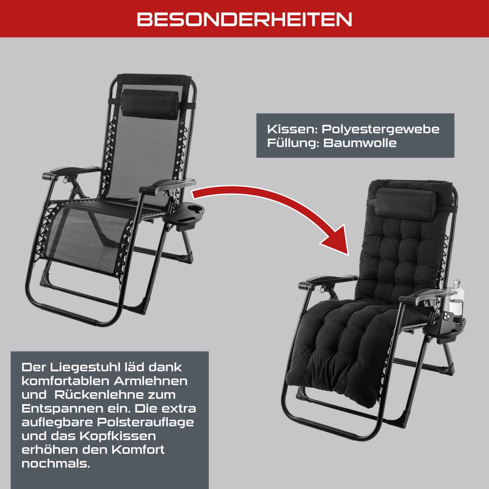 Practixx Klappbare Gartenliege PX-LSK-1 - 180cm Gesamtlänge | 160cm Polsterlänge | 60cm Sitzbreite - Image 6
