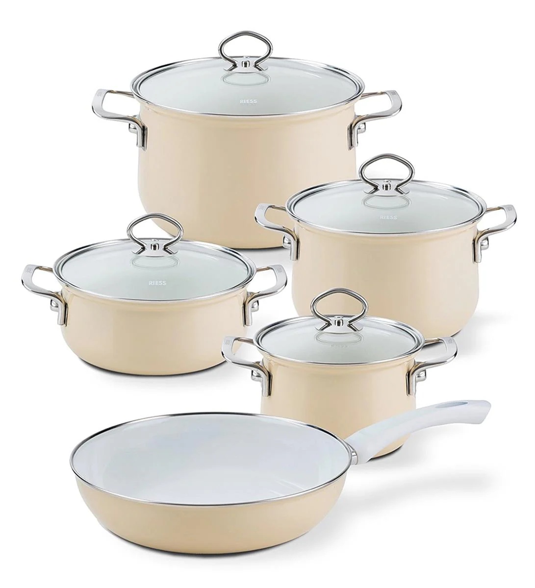 Riess Geschirr/Topfset 5 teilig mit Glasdeckel Emaille Nouvelle Cappuccino