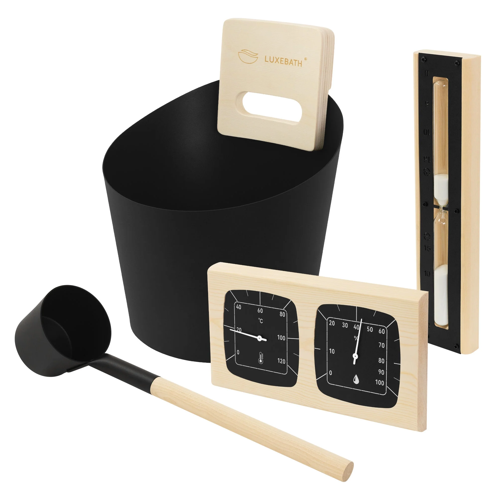 Saunazubehör-Set aus Aluminium/Holz,4-teilig, Aufgusskübel & Kelle, Thermometer-Hygrometer, Sanduhr
