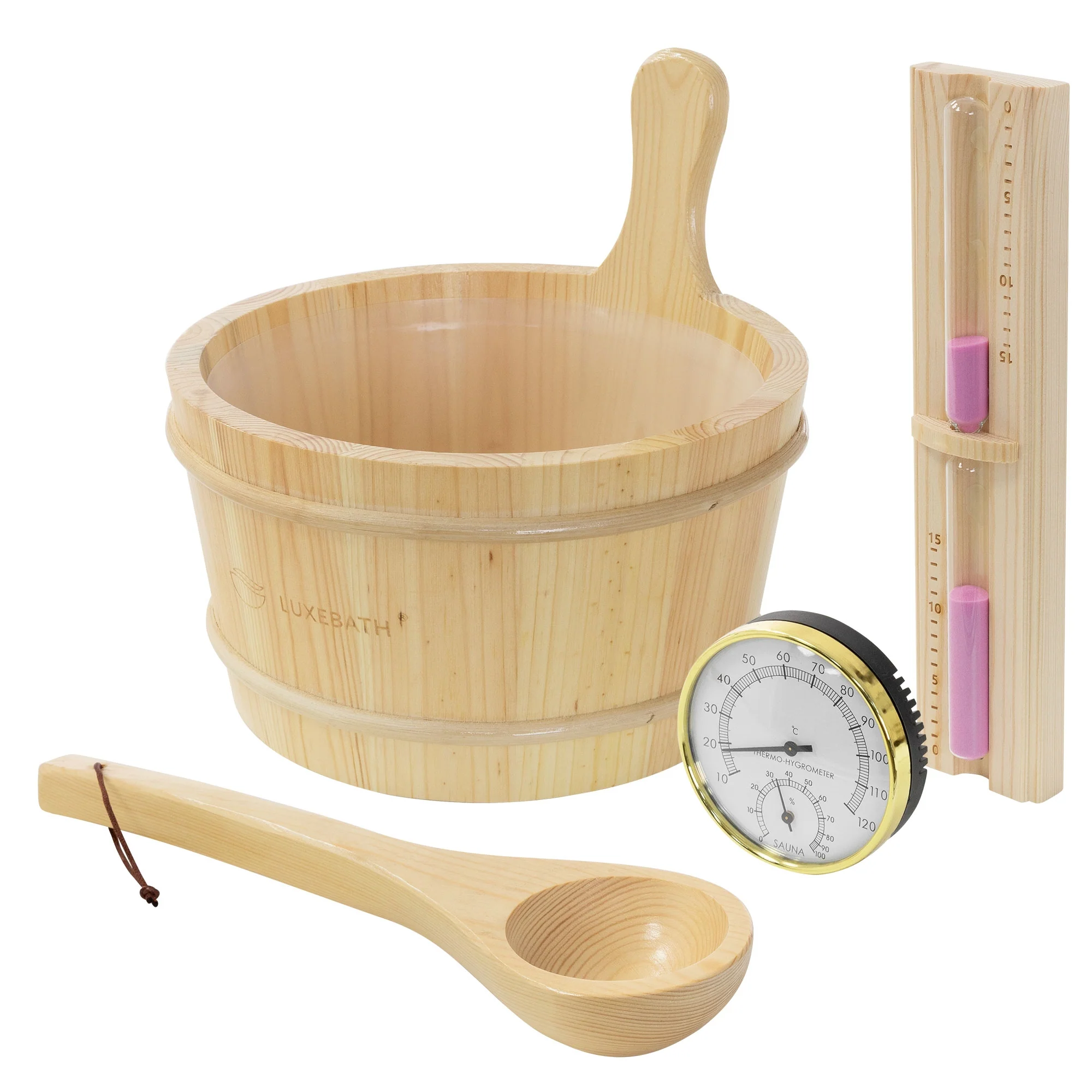 Saunazubehör-Set aus Kiefernholz, 4-teilig, Aufgusskübel & Kelle, Thermometer-Hygrometer, Sanduhr