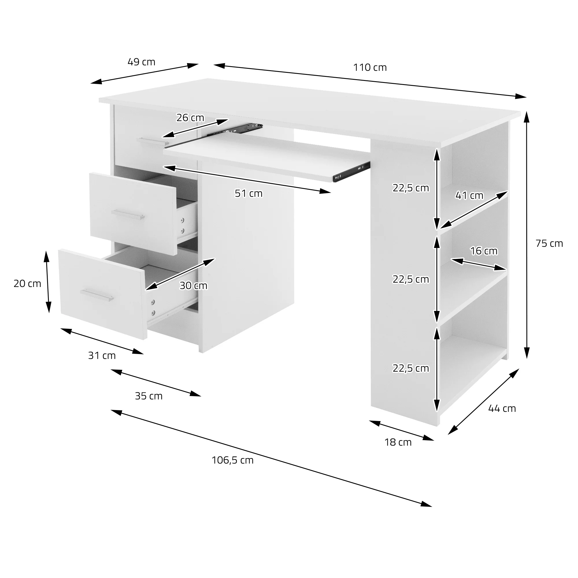 Schreibtisch mit drei Schubladen drei Regale und Tastaturauszug 110x49x75 cm Weiß - Image 4