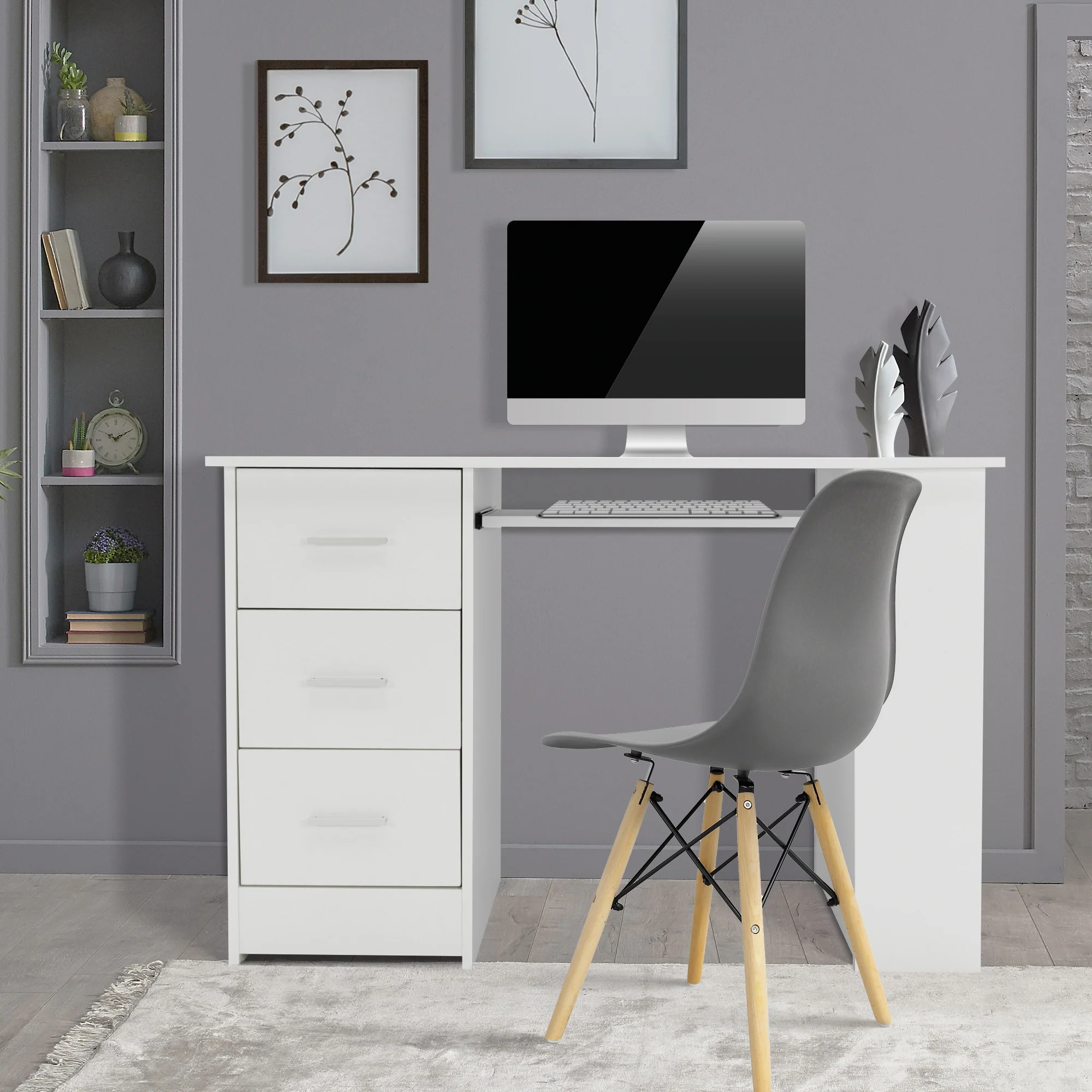 Schreibtisch mit drei Schubladen drei Regale und Tastaturauszug 110x49x75 cm Weiß - Image 5
