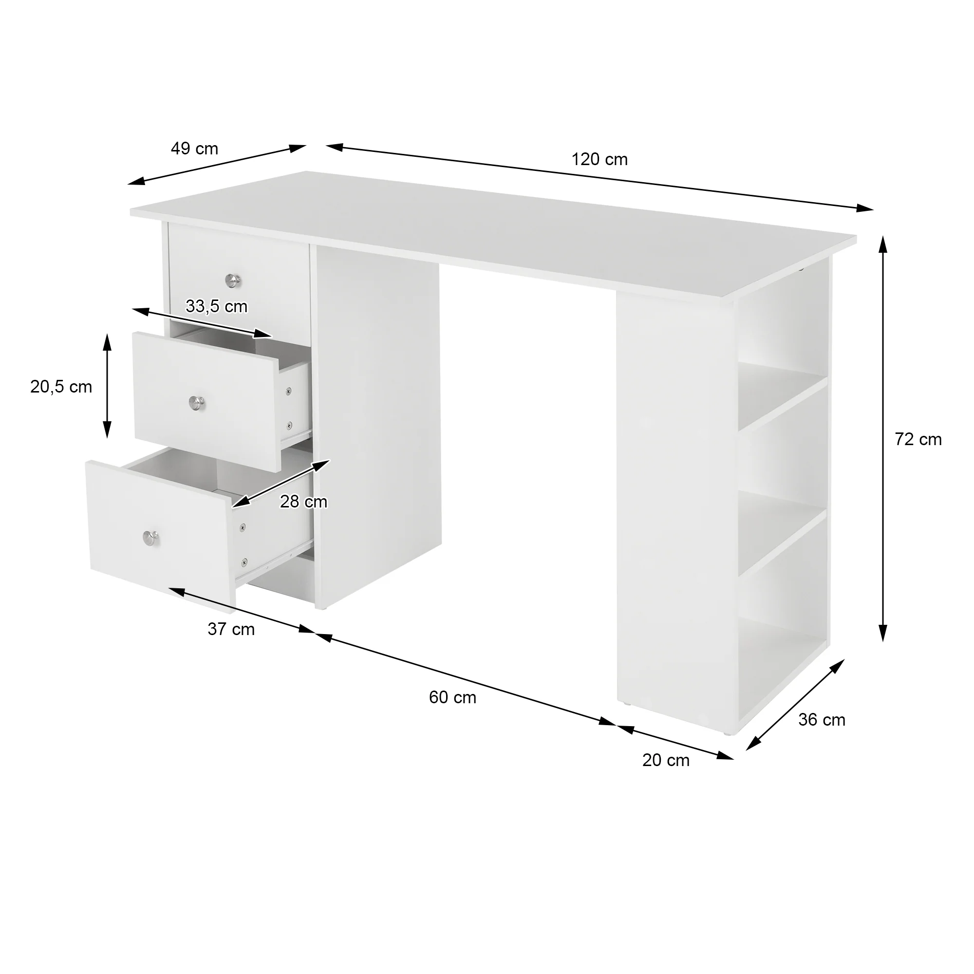 Schreibtisch mit drei Schubladen und Aufbewahrungsregale 120x49x72 cm Weiß ML-Design - Image 5
