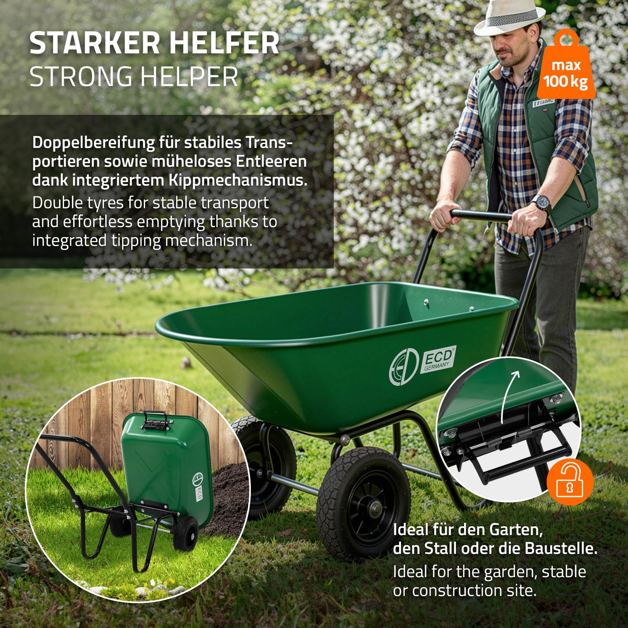 Schubkarrenwagen 78L mit Kippfunktion, Stahlrahmen, 2x PU-Reifen, PP-Wanne, 100 kg Tragkraft - Image 11