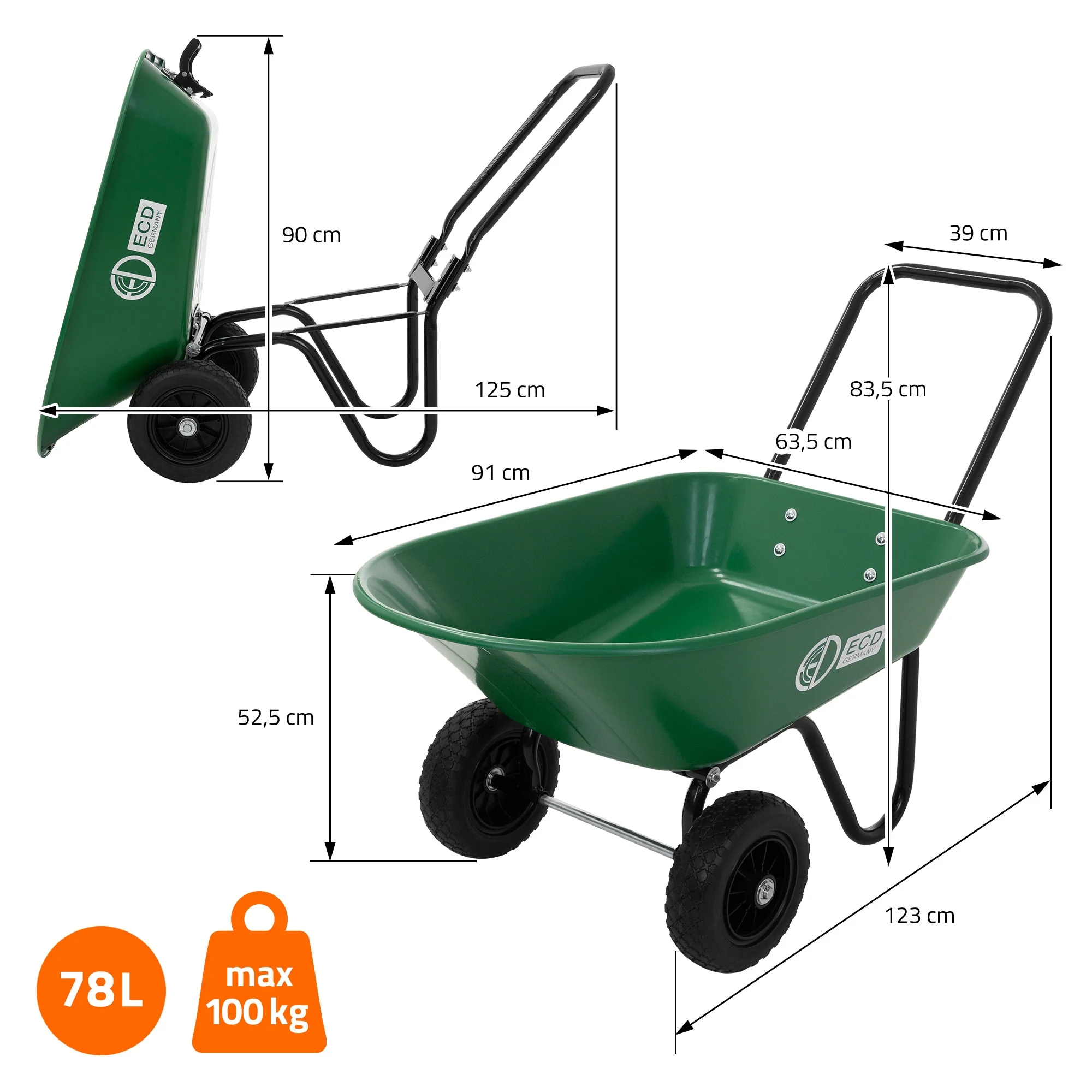 Schubkarrenwagen 78L mit Kippfunktion, Stahlrahmen, 2x PU-Reifen, PP-Wanne, 100 kg Tragkraft - Image 12