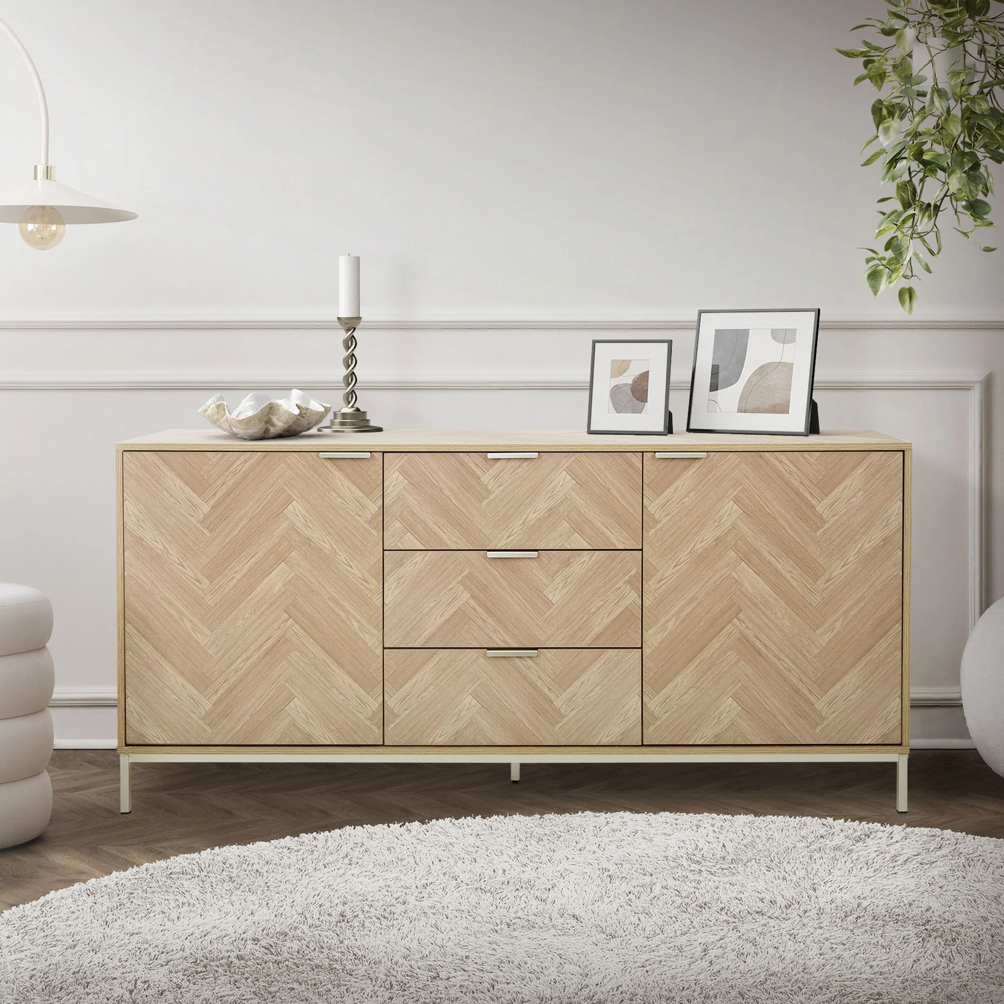 Sideboard 160x75,5x40 cm, Eiche Optik, Fischgrätenmuster, Metallgestell Gold, 2 Türen/3 Schubladen - Image 2