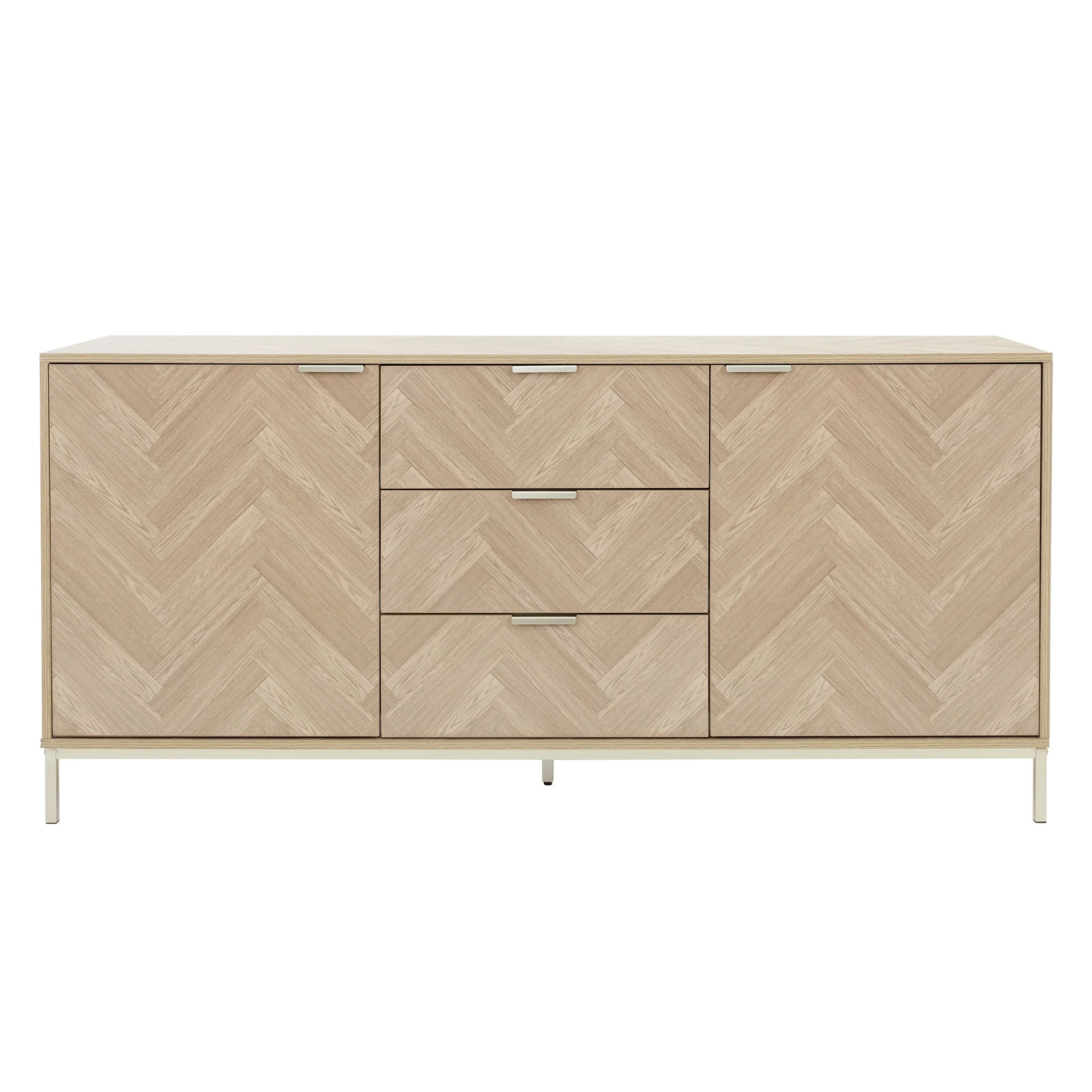 Sideboard 160x75,5x40 cm, Eiche Optik, Fischgrätenmuster, Metallgestell Gold, 2 Türen/3 Schubladen - Image 3
