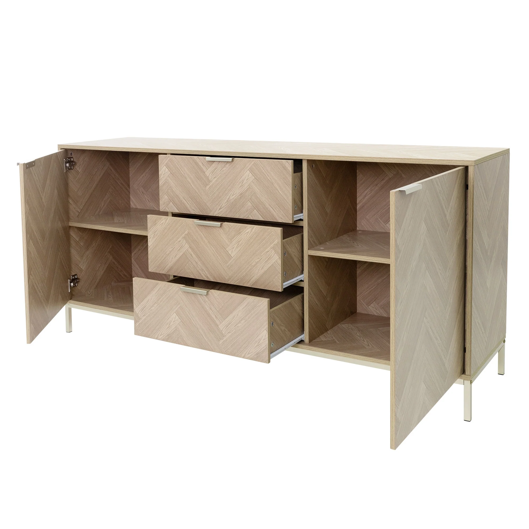 Sideboard 160x75,5x40 cm, Eiche Optik, Fischgrätenmuster, Metallgestell Gold, 2 Türen/3 Schubladen - Image 4