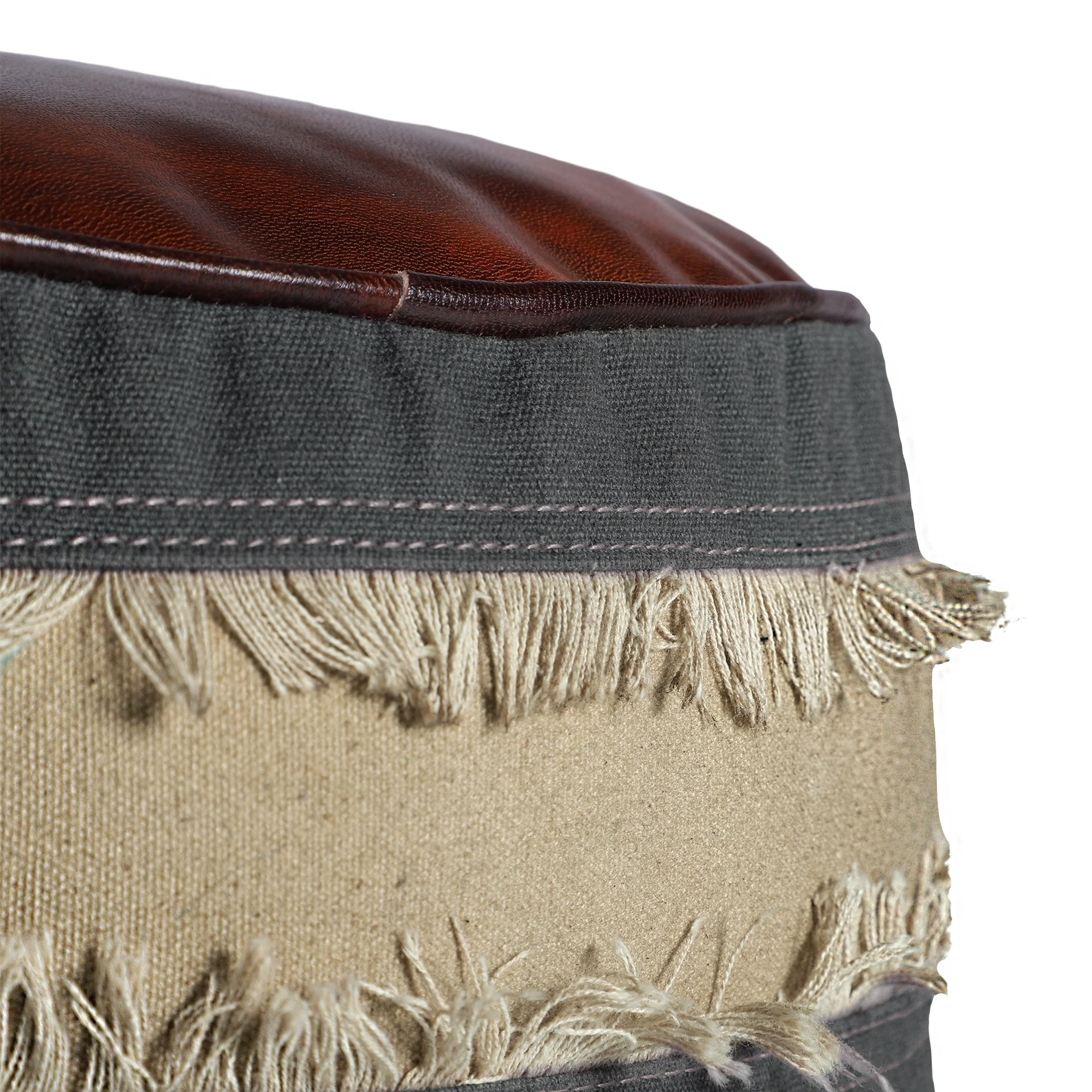 Sitzhocker rund Ø 42x42 cm Grau/Braun/Beige aus Echtleder/Segeltuch mit Baumwolle - Image 2