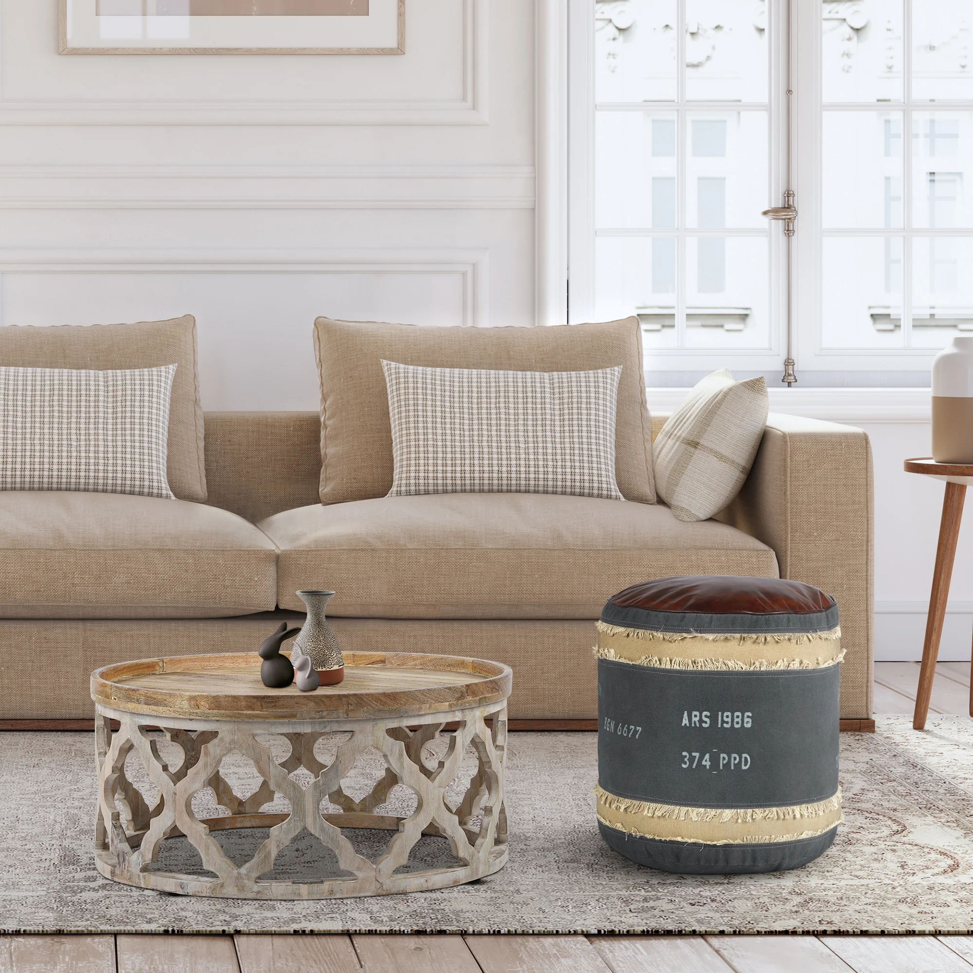 Sitzhocker rund Ø 42x42 cm Grau/Braun/Beige aus Echtleder/Segeltuch mit Baumwolle - Image 4