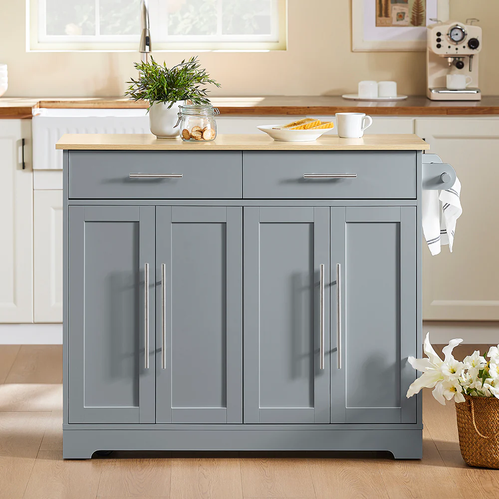 SoBuy Kücheninsel klappbar mit Stauraum Grau 107x69x91cm Modern FKW129-HG - Image 5