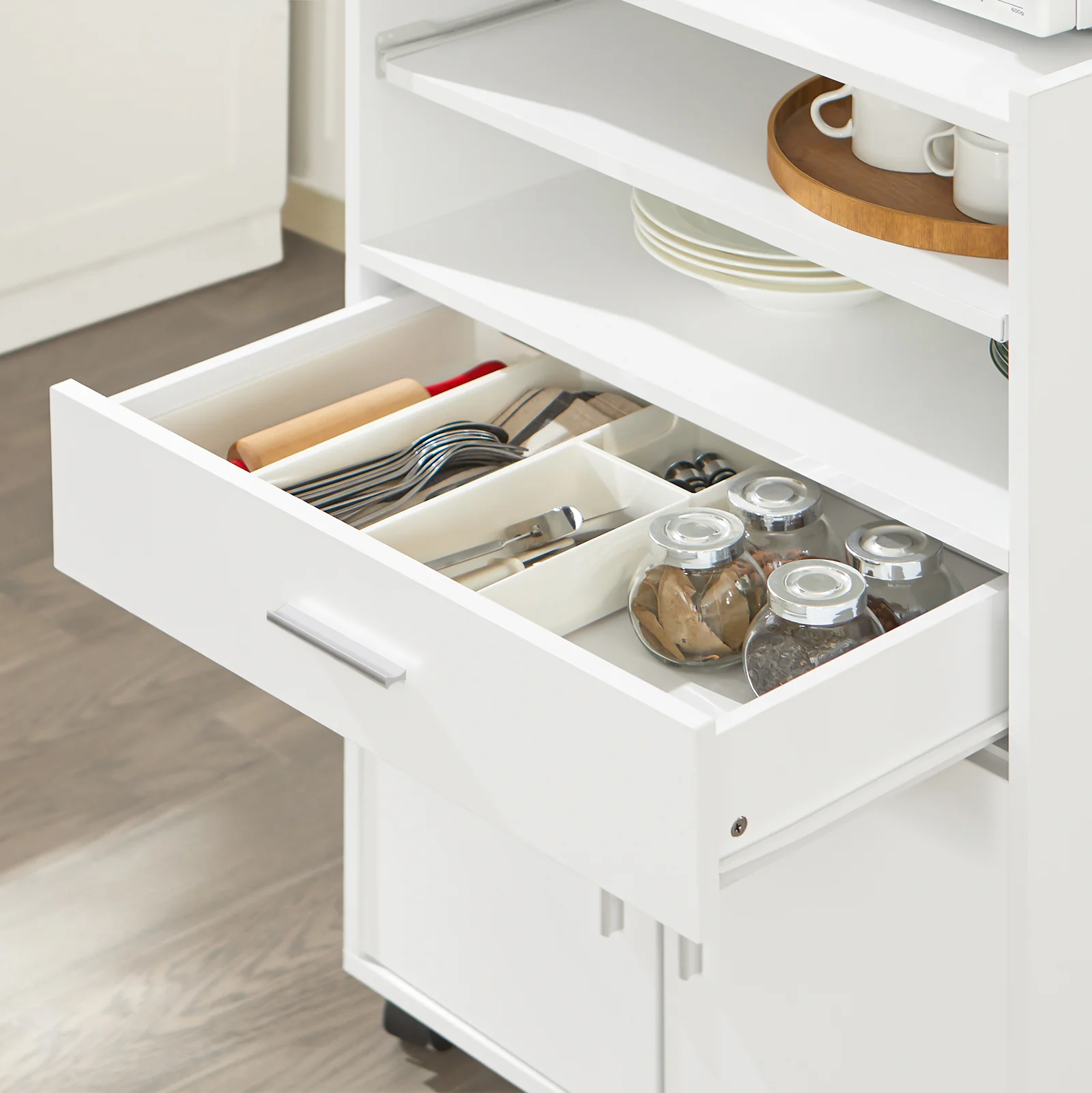 SoBuy Servierwagen Küchenschrank mit Arbeitsplatte und Rollen in Weiß - Image 11