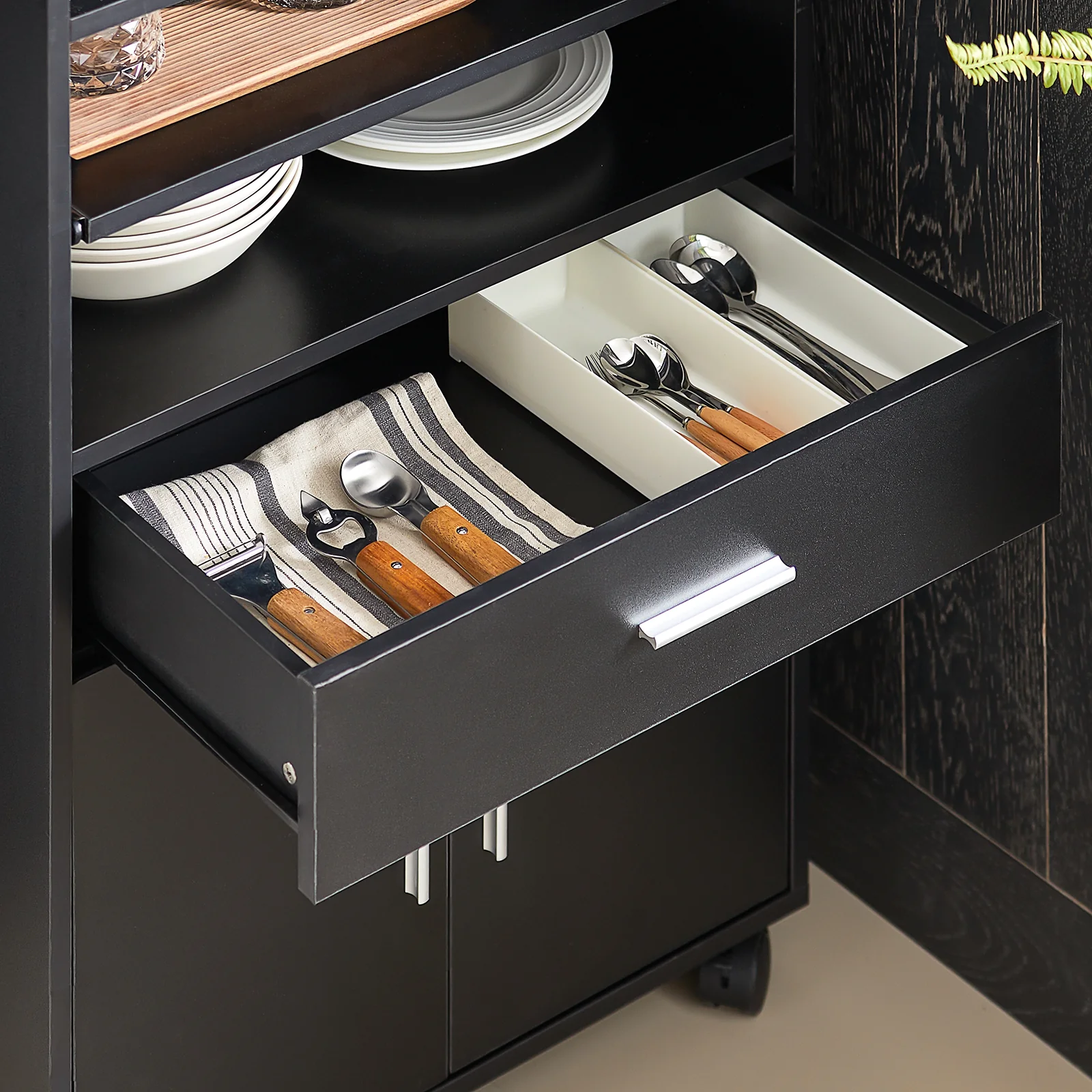 SoBuy Servierwagen Küchenschrank mit Arbeitsplatte und Rollen in Weiß - Image 14