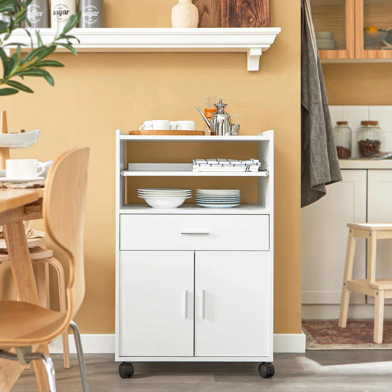 SoBuy Servierwagen Küchenschrank mit Arbeitsplatte und Rollen in Weiß - Image 3