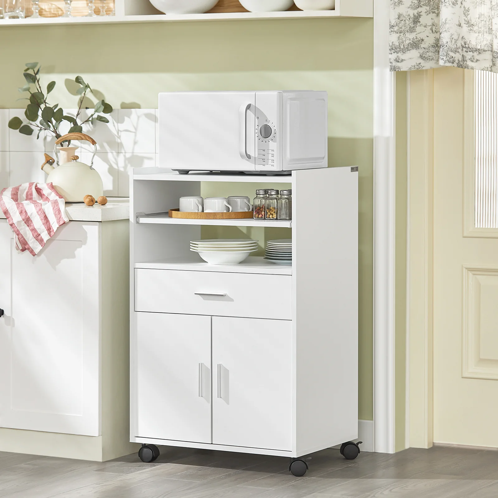 SoBuy Servierwagen Küchenschrank mit Arbeitsplatte und Rollen in Weiß - Image 4