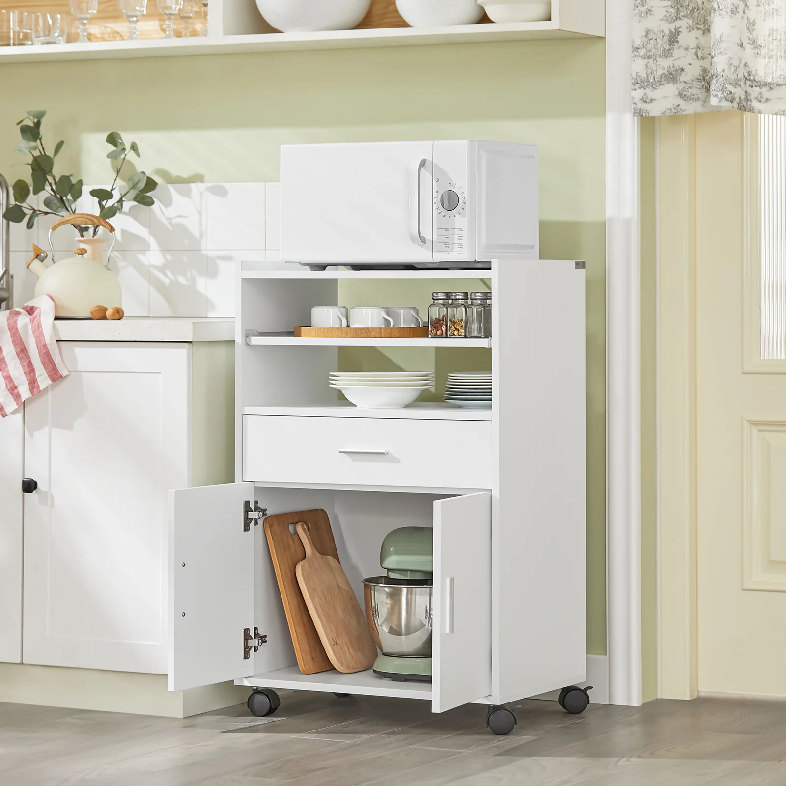 SoBuy Servierwagen Küchenschrank mit Arbeitsplatte und Rollen in Weiß - Image 6