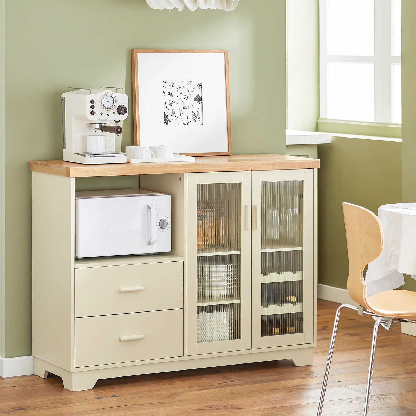 SoBuy Küchenschrank Sideboard mit Glastüren und Schubladen, 120 cm Arbeitsplatte in Grün - Image 17