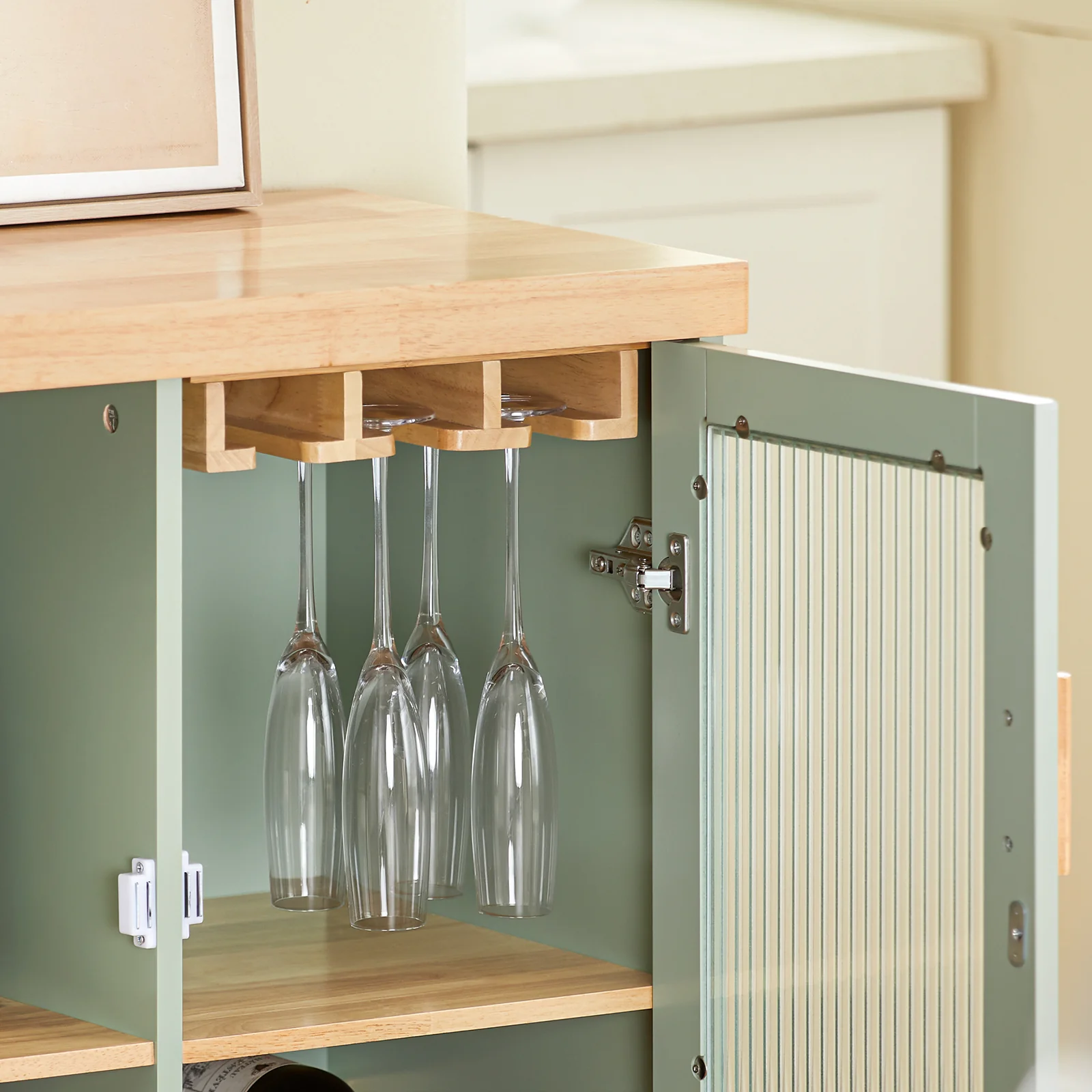SoBuy Küchenschrank Sideboard mit Glastüren und Schubladen, 120 cm Arbeitsplatte in Grün - Image 7