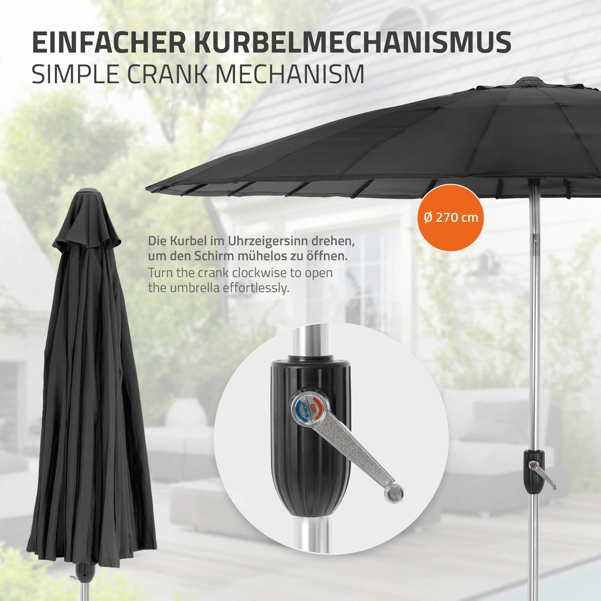 Sonnenschirm Shanghai Ø 270 cm Schwarz aus Aluminium und Polyester ML-Design - Image 3