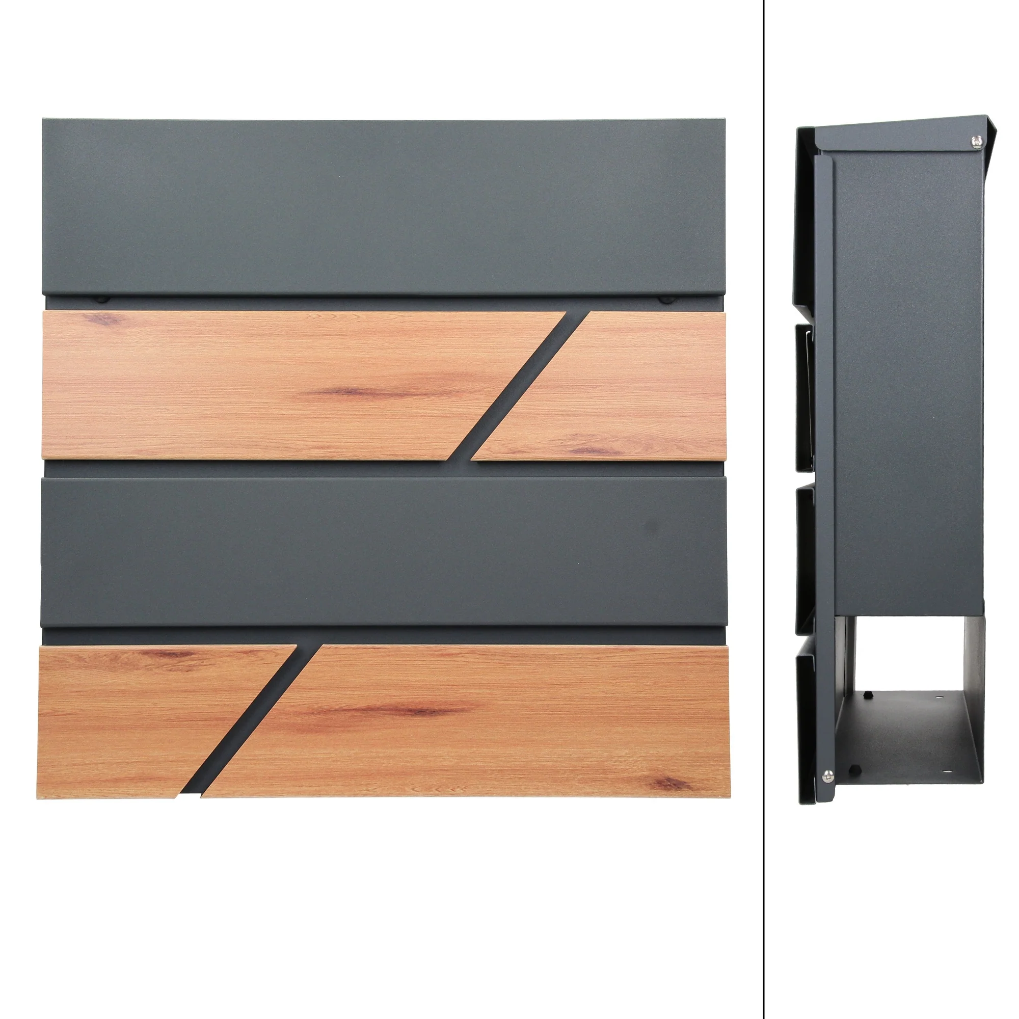 Standbriefkasten mit Zeitungsfach 37x36,5x11 cm Anthrazit/Holzoptik Stahl ML-Design - Image 2