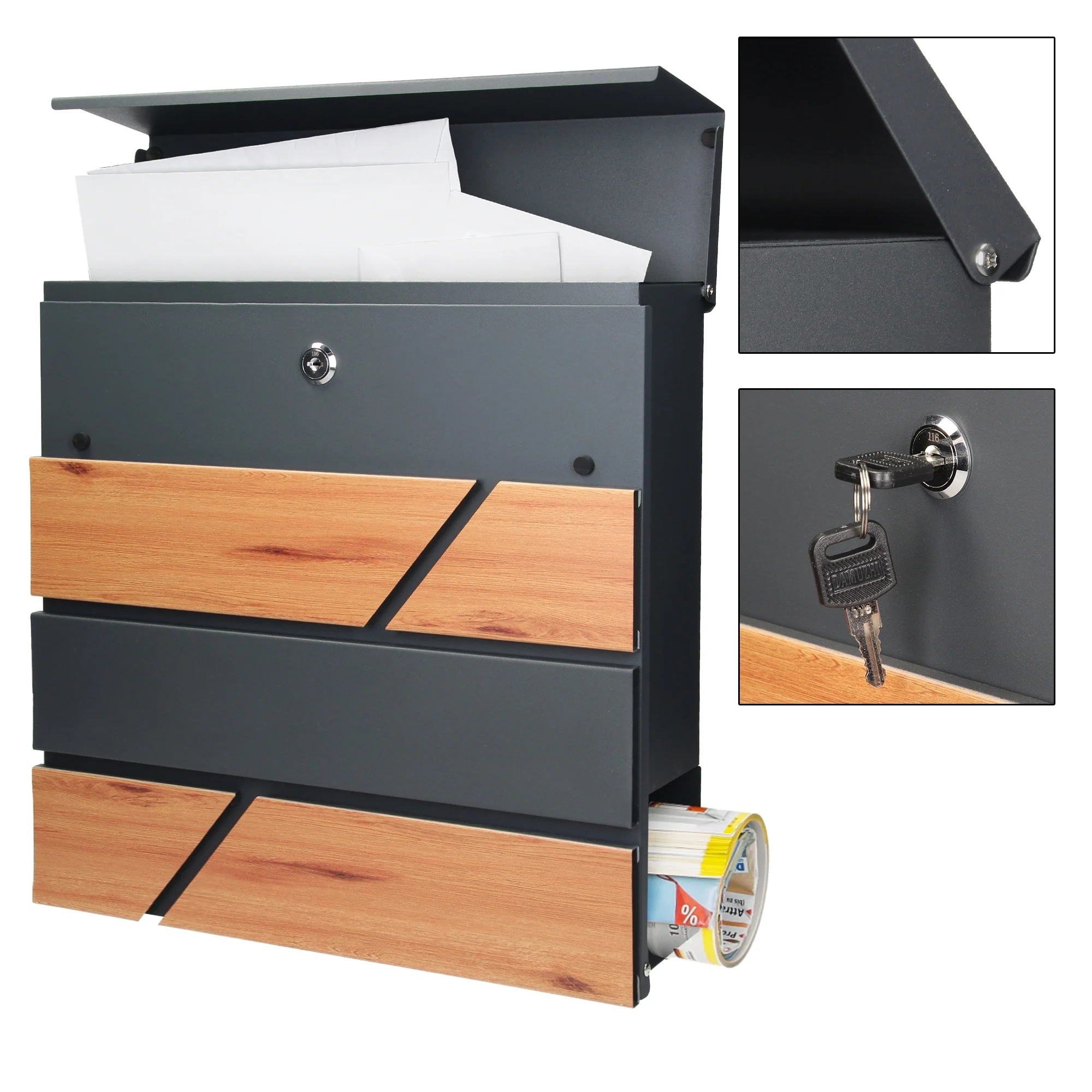 Standbriefkasten mit Zeitungsfach 37x36,5x11 cm Anthrazit/Holzoptik Stahl ML-Design - Image 4