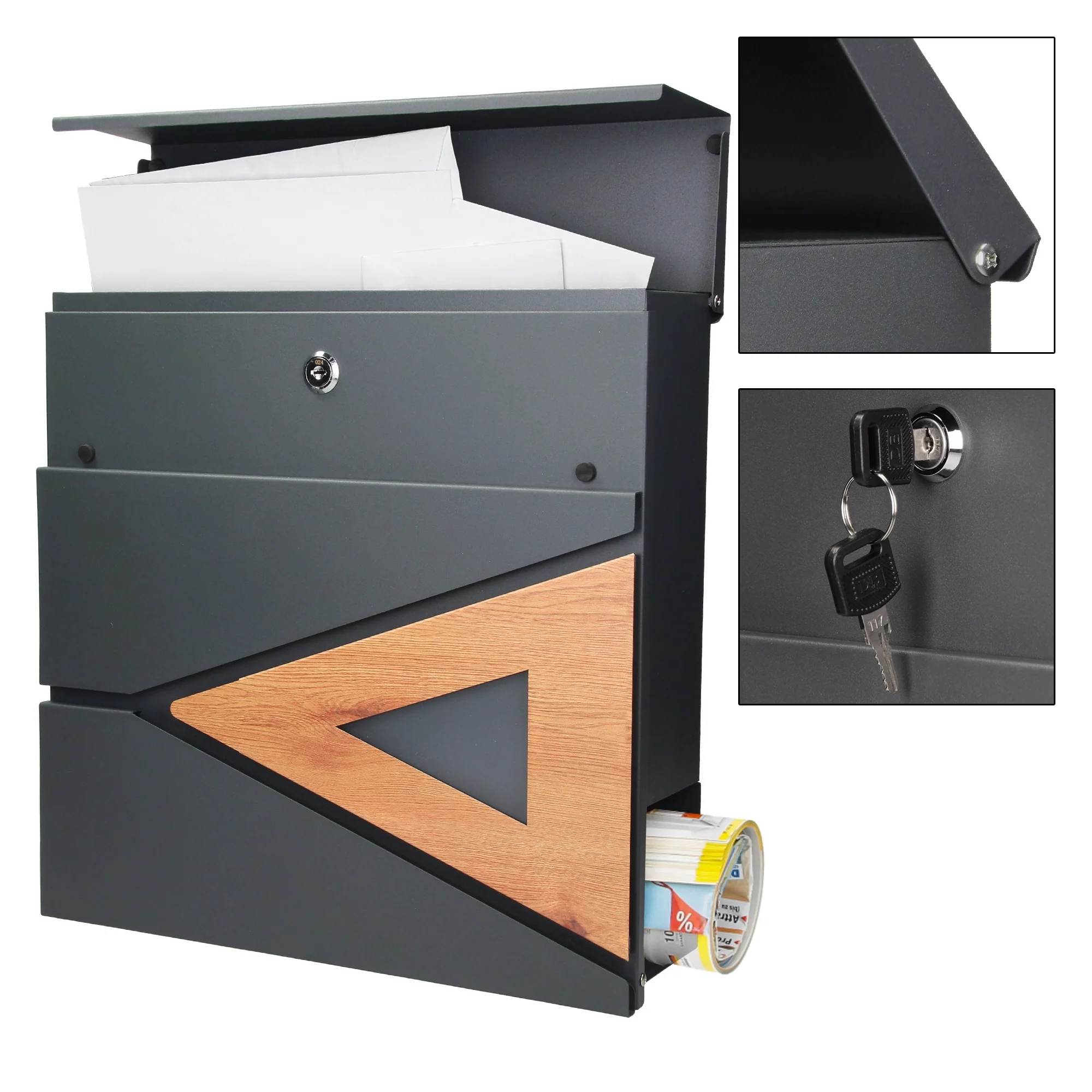 Standbriefkasten mit Zeitungsfach 37x36,5x11 cm Anthrazit/Eicheoptik aus Stahl - Image 4