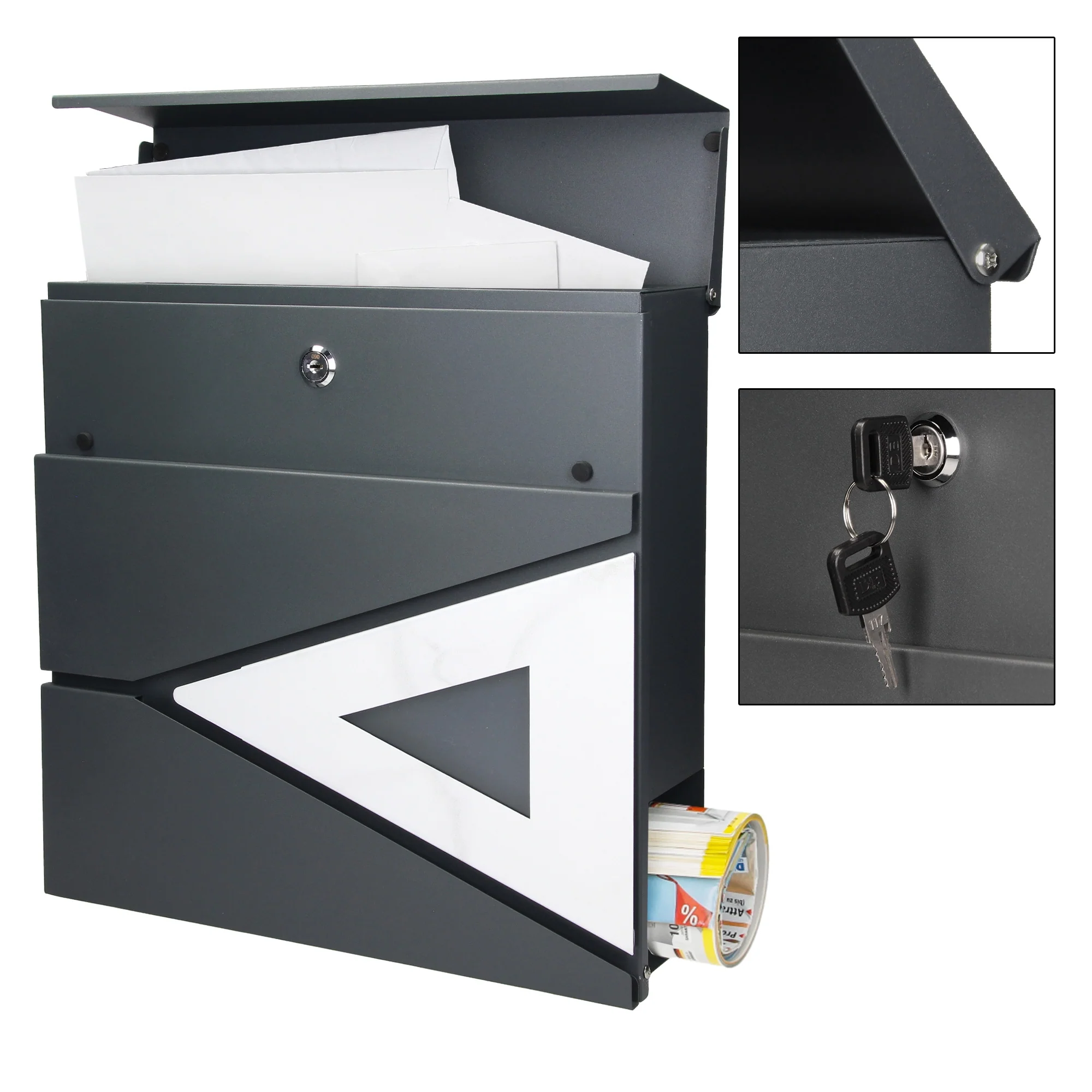 Standbriefkasten mit Zeitungsfach 37x36,5x11 cm Anthrazit/Marmoroptik Stahl ML-Design - Image 4