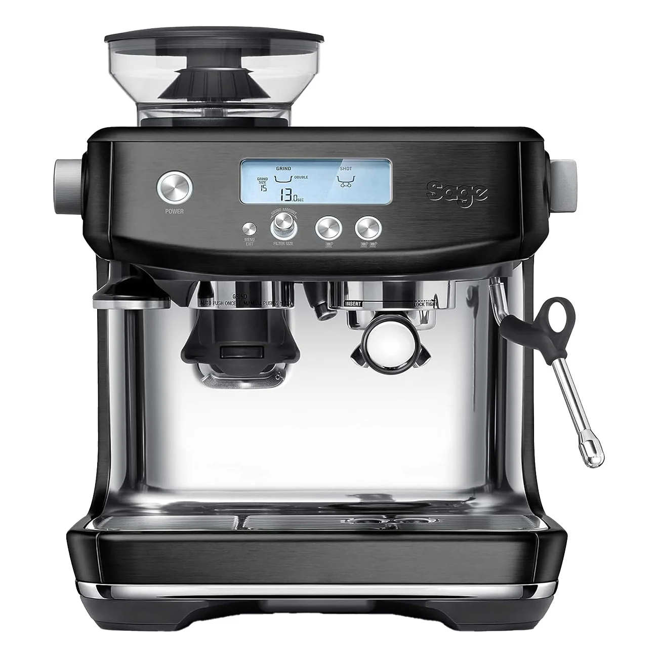 Sage The Barista Pro schwarzer Edelstahl Siebträgermaschine - 2L, 1650W, 250g