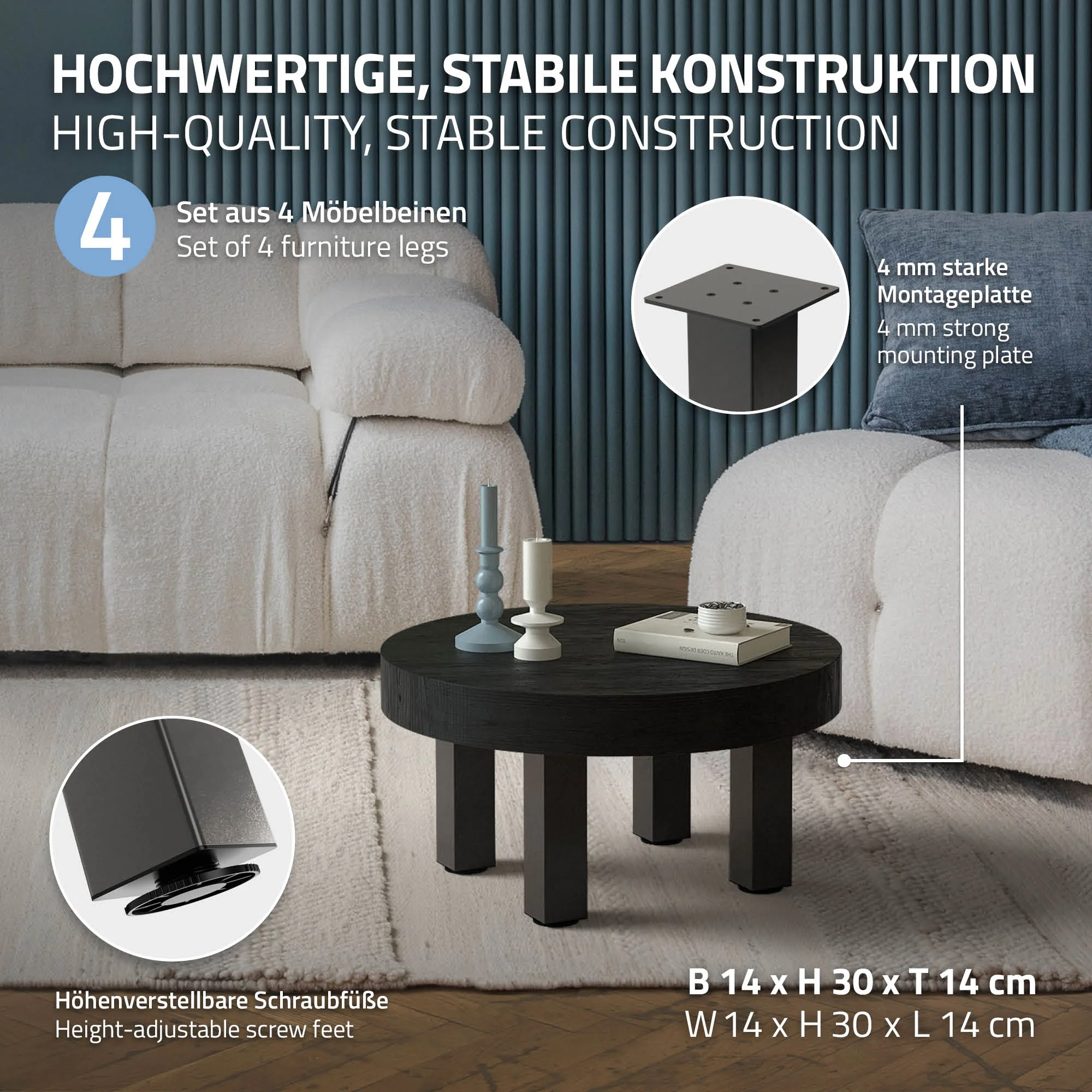 Tischbeine 4er Set I-Design, Vierkantprofil 8x8 cm, Stahl, Industrial, eckig, Metall, verstellbar - Image 21
