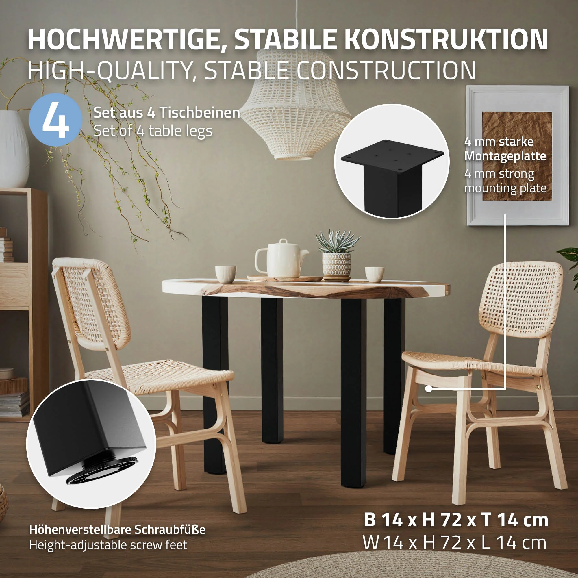 Tischbeine 4er Set I-Design, Vierkantprofil 8x8 cm, Stahl, Industrial, eckig, Metall, verstellbar - Image 84