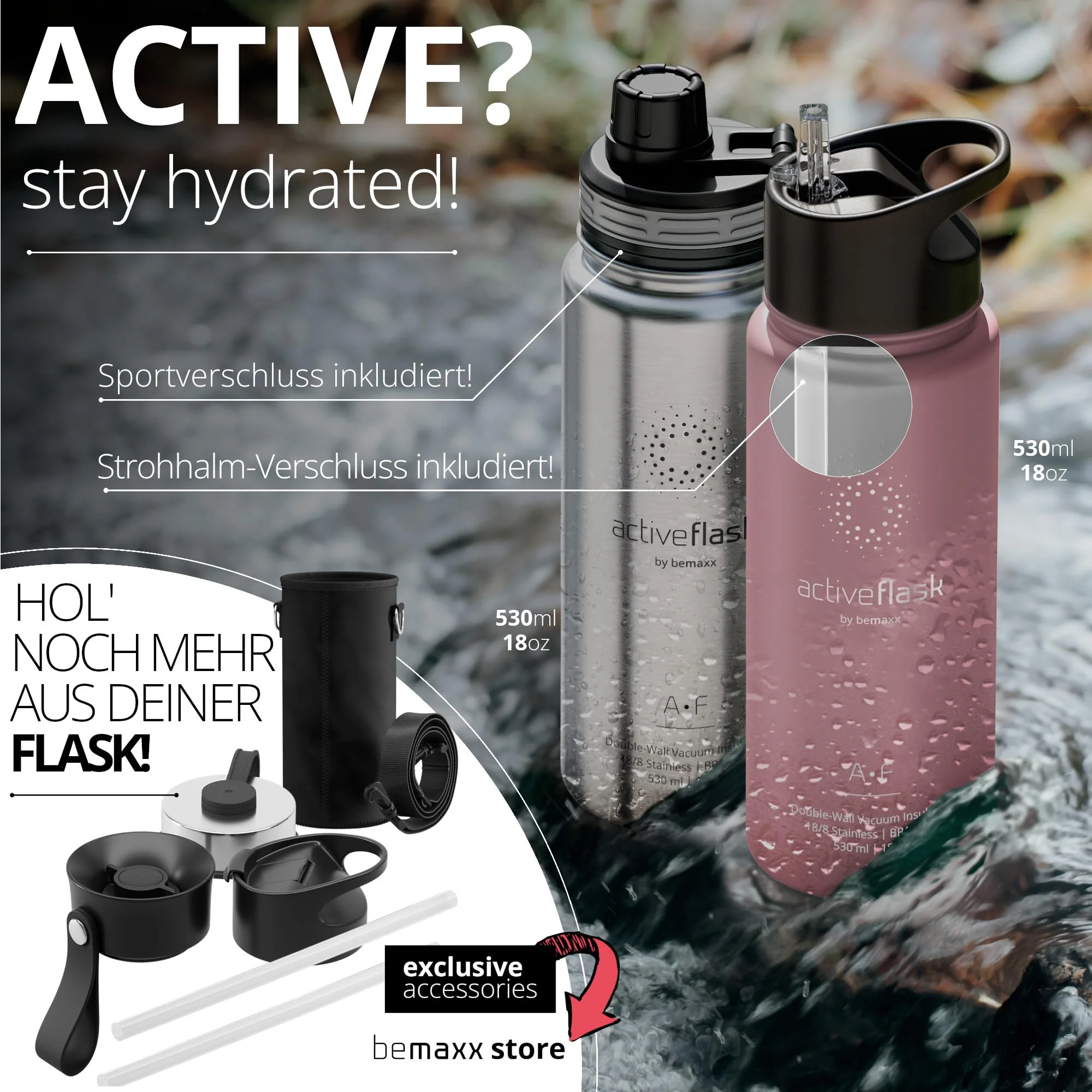 Trinkflasche Edelstahl ACTIVE FLASK + Strohhalm (3 Deckel) BPA-frei, Auslaufsicher, - Image 4