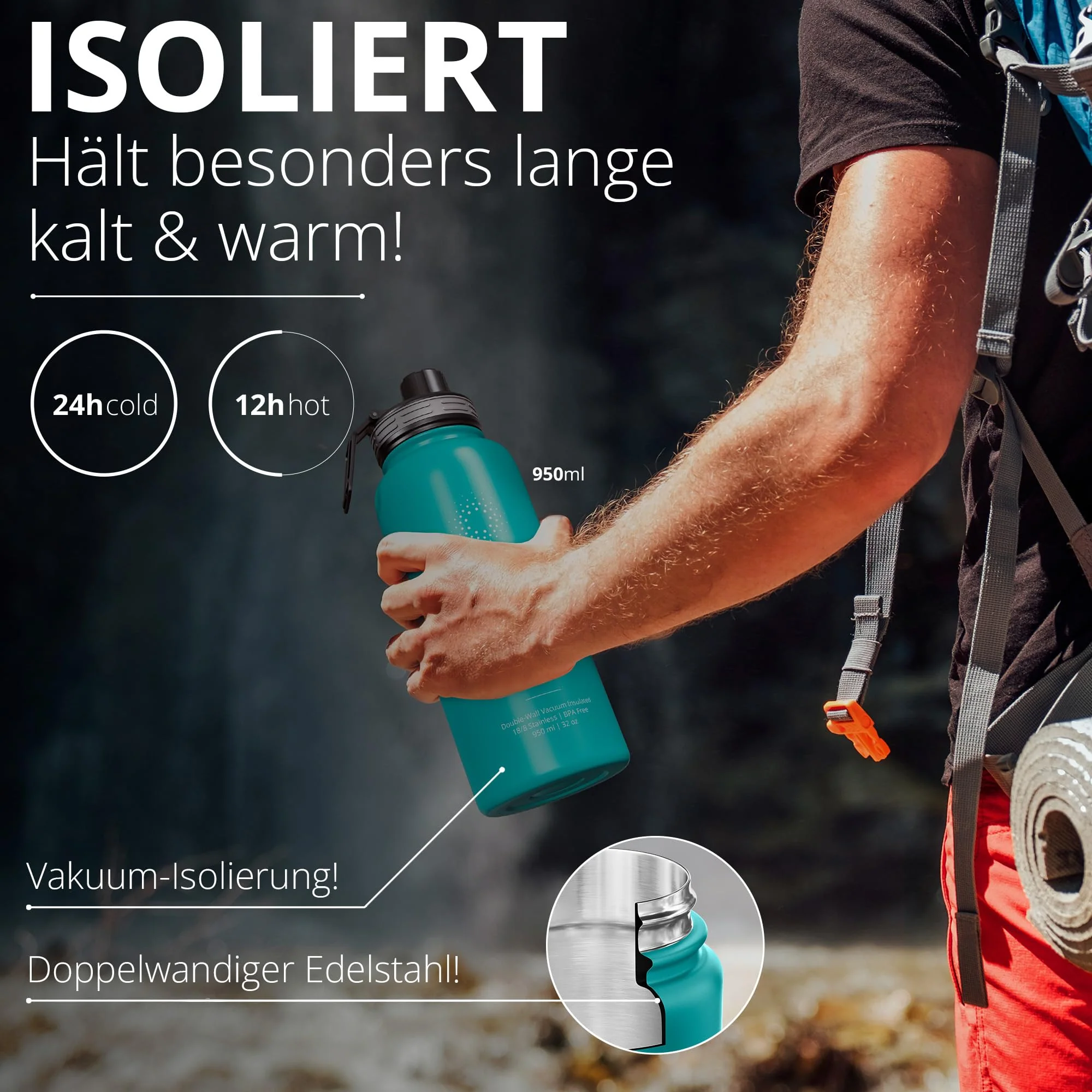 Trinkflasche Edelstahl ACTIVE FLASK + Strohhalm (3 Deckel) BPA-frei, Auslaufsicher,