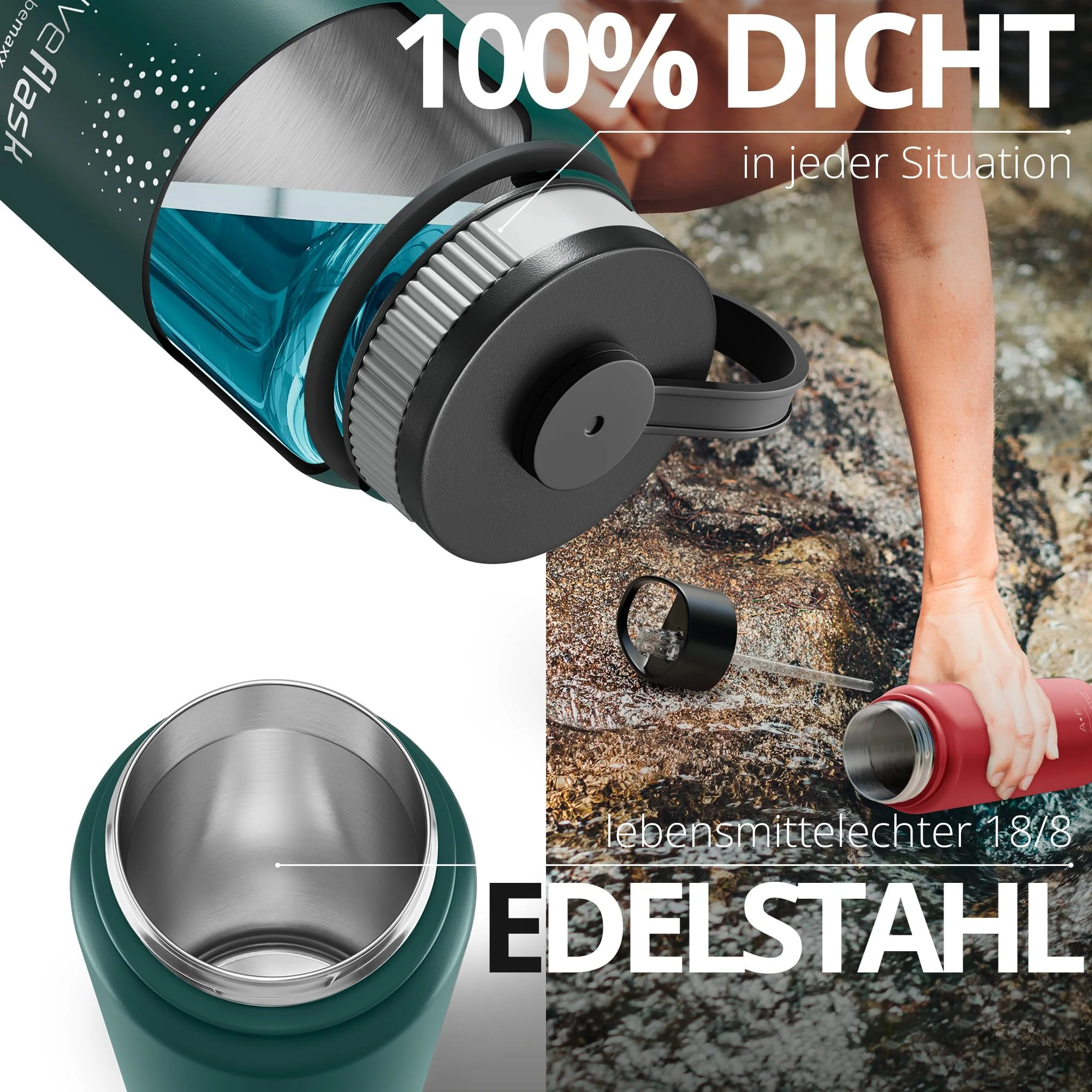 Trinkflasche Edelstahl ACTIVE FLASK + Strohhalm (3 Deckel) BPA-frei, Auslaufsicher, - Image 6
