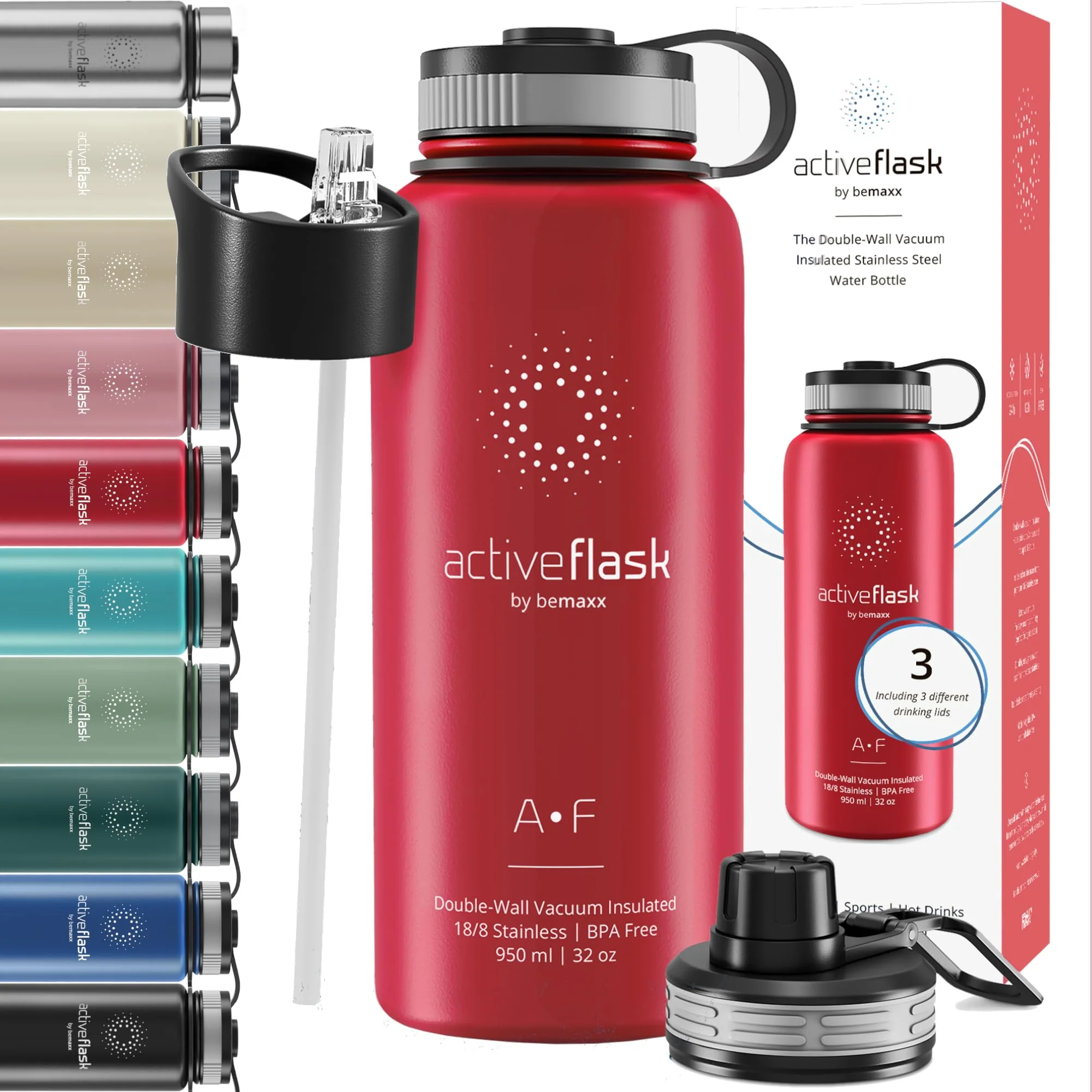Trinkflasche Edelstahl ACTIVE FLASK + Strohhalm (3 Deckel) BPA-frei, Auslaufsicher, - Image 6