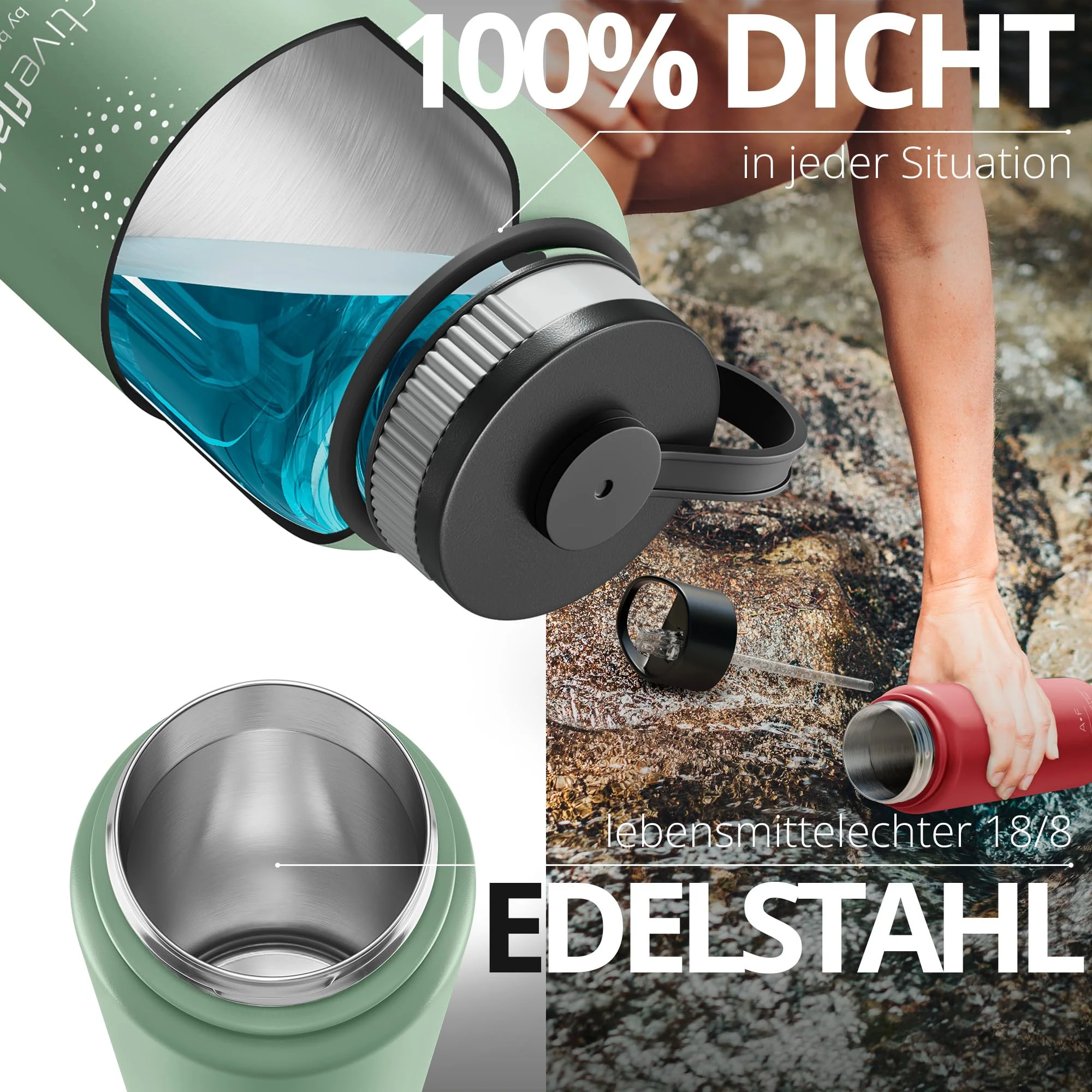 Trinkflasche Edelstahl ACTIVE FLASK + Strohhalm (3 Deckel) BPA-frei, Auslaufsicher, - Image 6