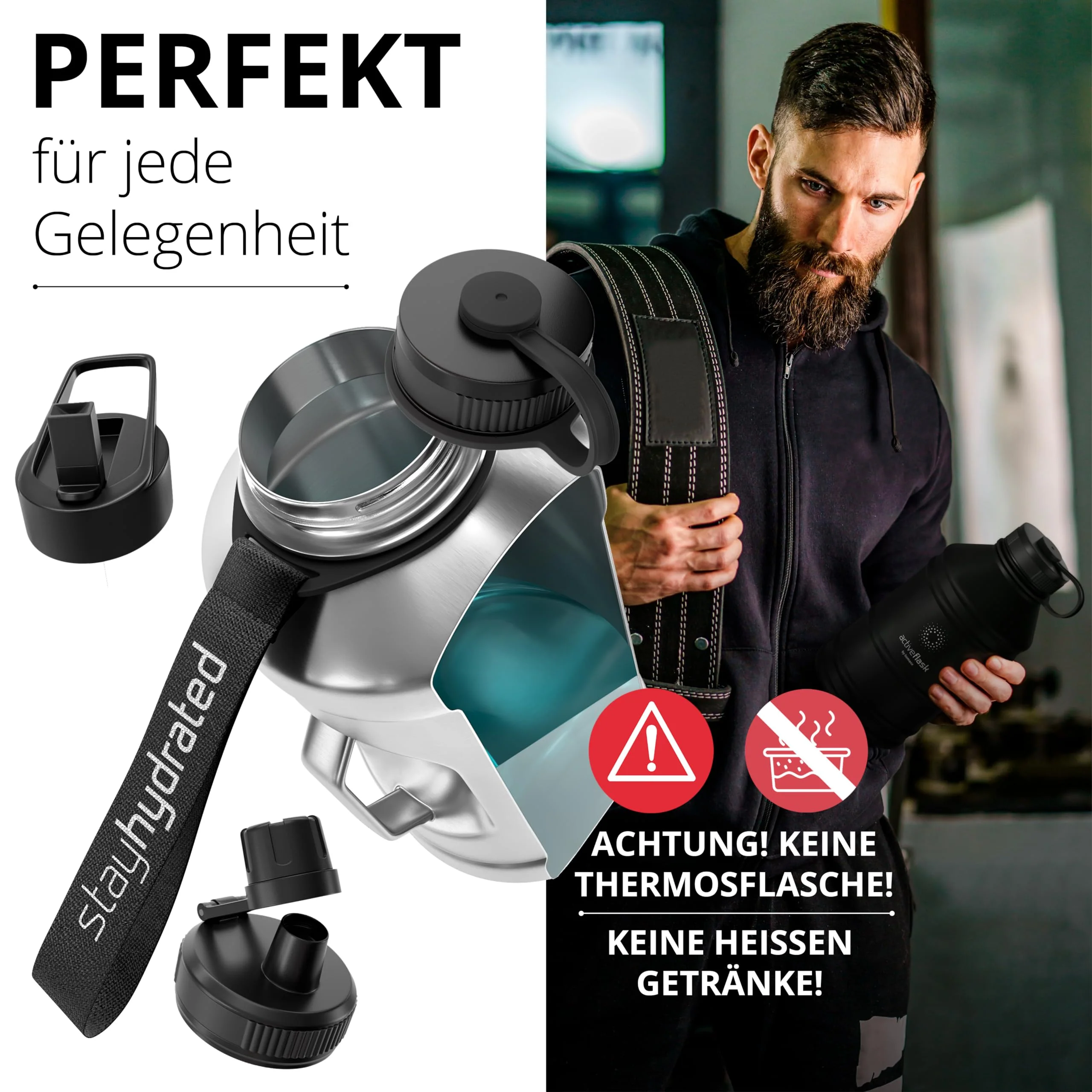 Trinkflasche Edelstahl ACTIVE FLASK + Strohhalm (3 Deckel) | Große 1,3/2,2 Liter - Image 5
