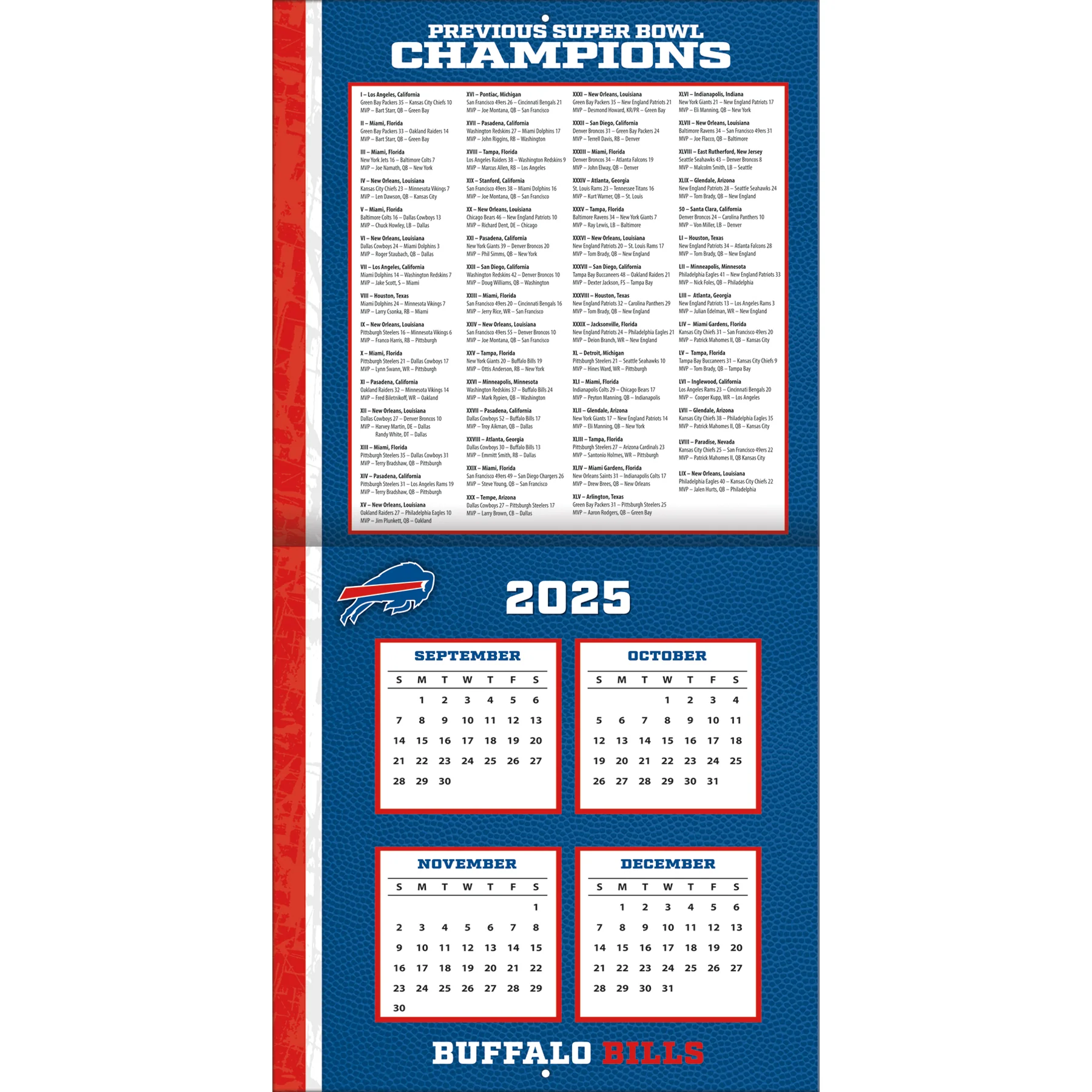 Turner Buffalo Bills NFL 30,5 x 30,5 cm Team Wandkalender 2026 - Image 2